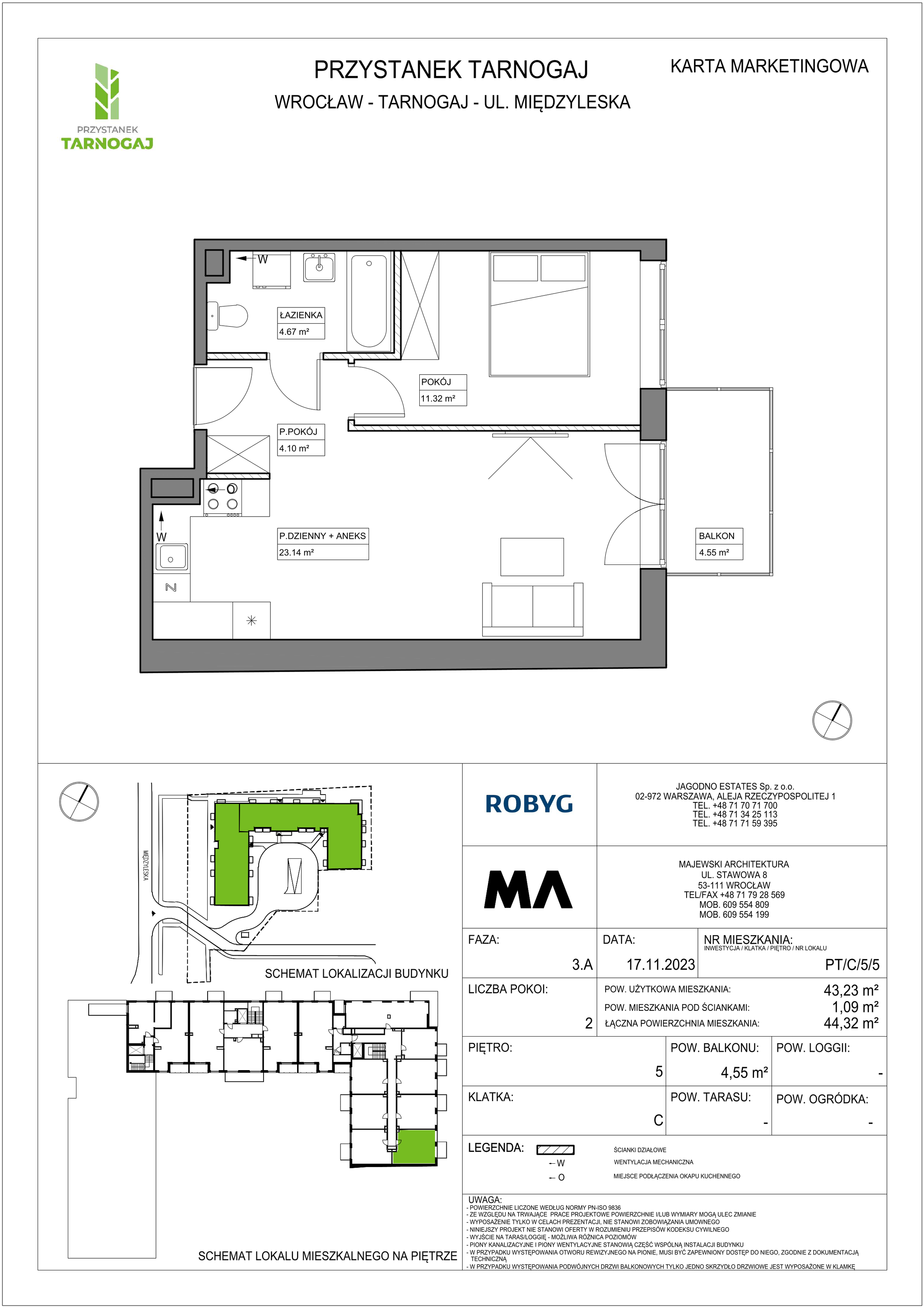 Mieszkanie 43,23 m², piętro 5, oferta nr PT/C/5/5, Przystanek Tarnogaj, Wrocław, Tarnogaj, Krzyki, ul. Międzyleska / Gazowa-idx