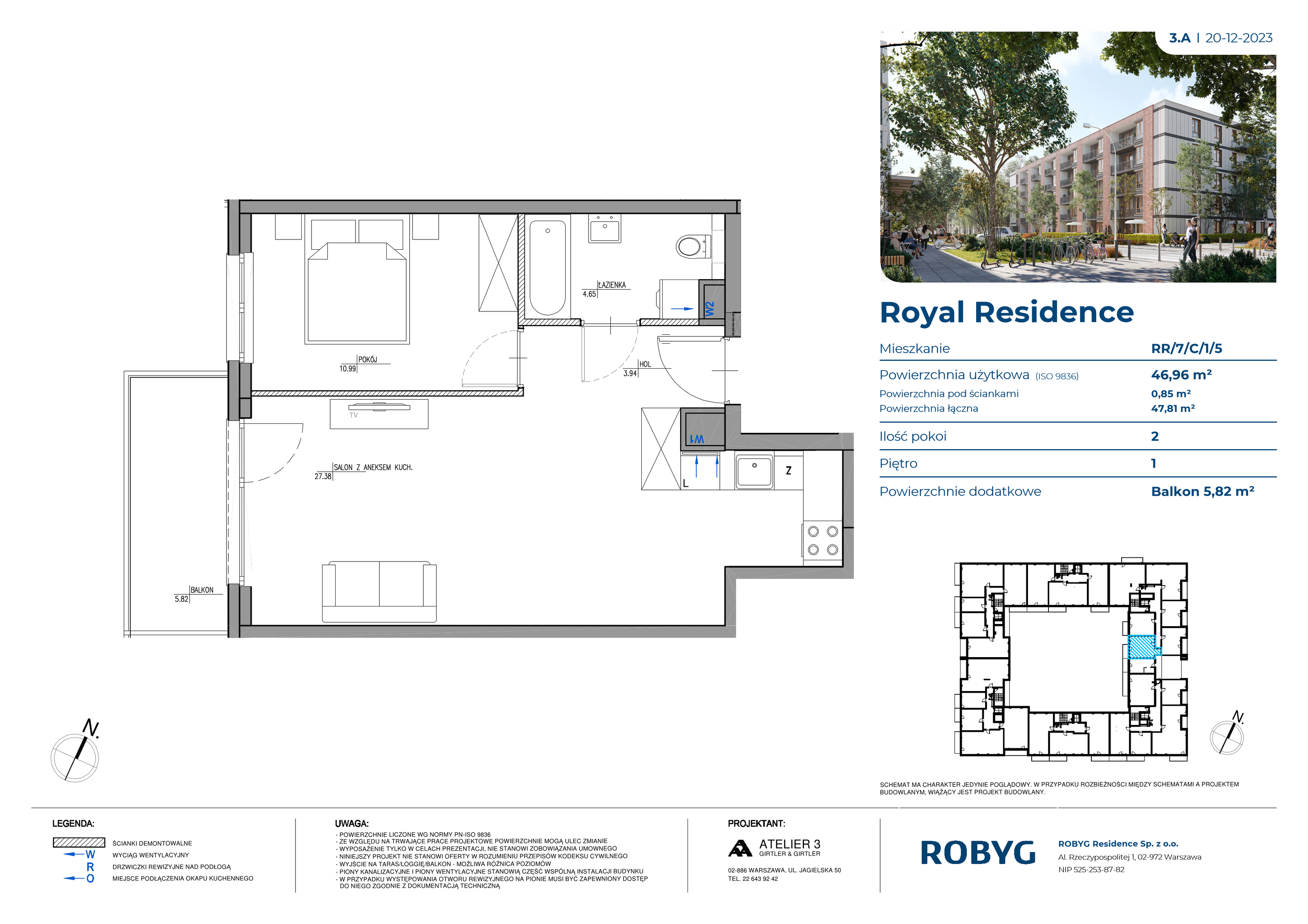 Mieszkanie 46,96 m², piętro 1, oferta nr RR/7/C/1/5, Royal Residence, Warszawa, Wilanów, Błonia Wilanowskie, ul. Sarmacka-idx