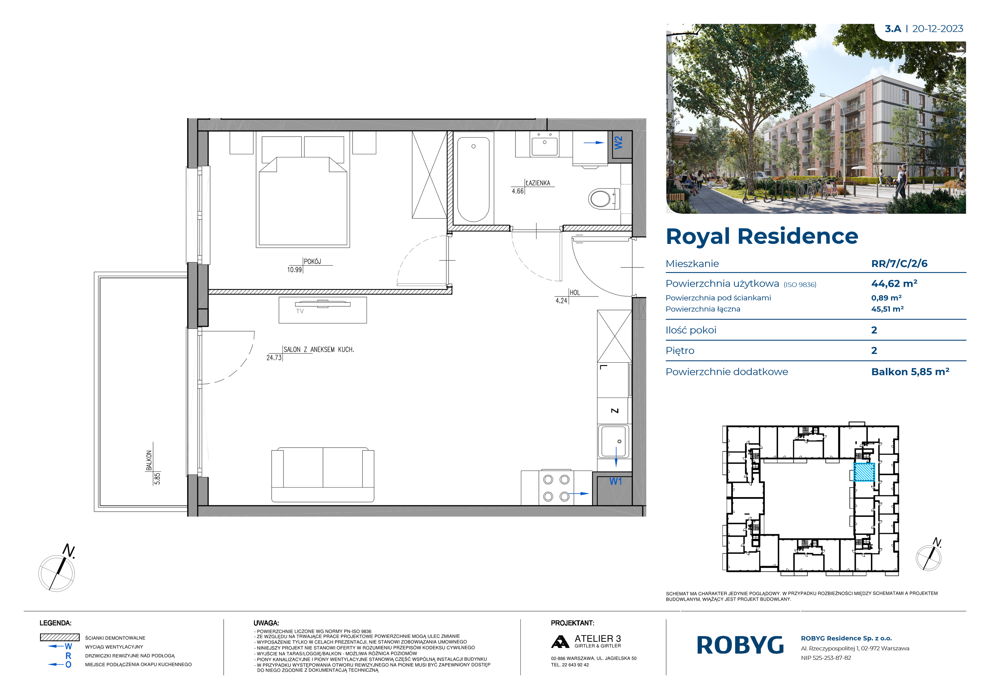 Mieszkanie 44,62 m², piętro 2, oferta nr RR/7/C/2/6, Royal Residence, Warszawa, Wilanów, Błonia Wilanowskie, ul. Sarmacka-idx