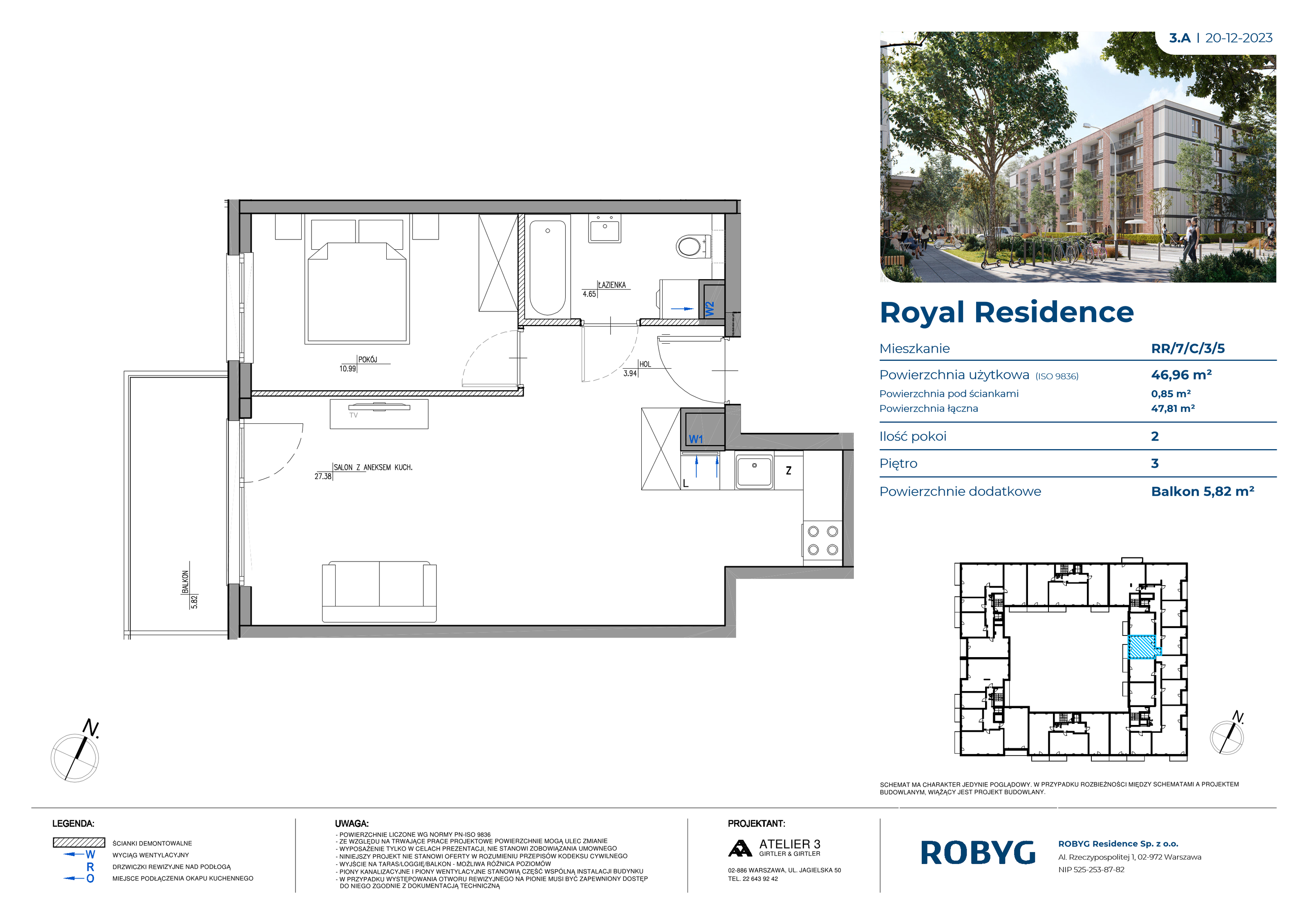 Mieszkanie 46,96 m², piętro 3, oferta nr RR/7/C/3/5, Royal Residence, Warszawa, Wilanów, Błonia Wilanowskie, ul. Sarmacka-idx