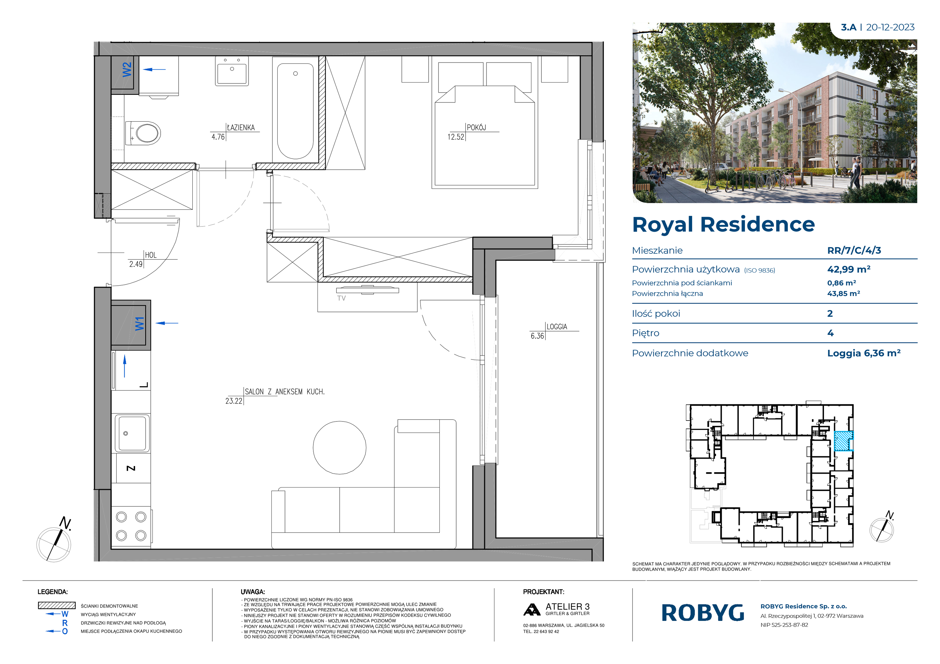 Mieszkanie 42,99 m², piętro 4, oferta nr RR/7/C/4/3, Royal Residence, Warszawa, Wilanów, Błonia Wilanowskie, ul. Sarmacka-idx