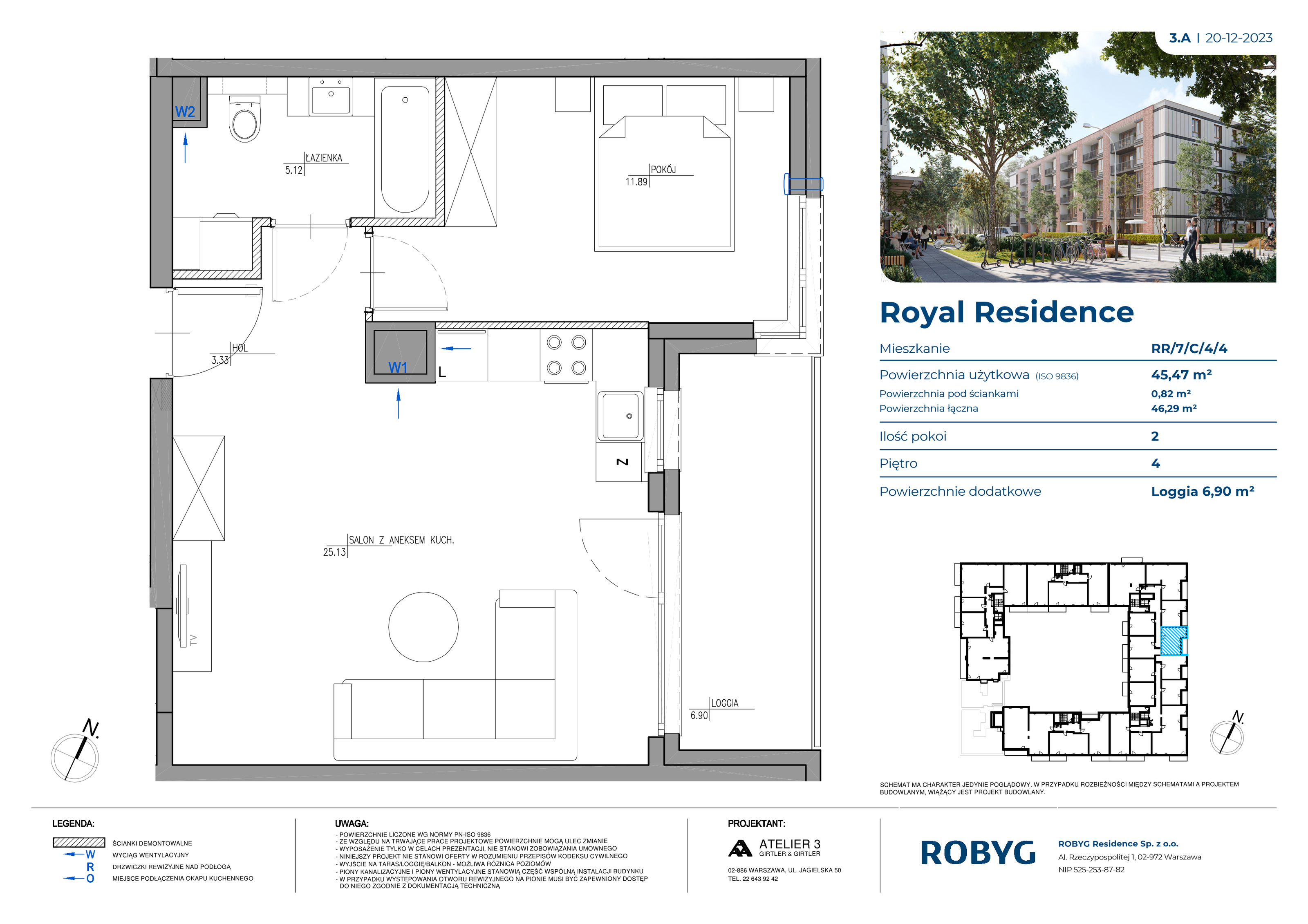 Mieszkanie 45,47 m², piętro 4, oferta nr RR/7/C/4/4, Royal Residence, Warszawa, Wilanów, Błonia Wilanowskie, ul. Sarmacka-idx