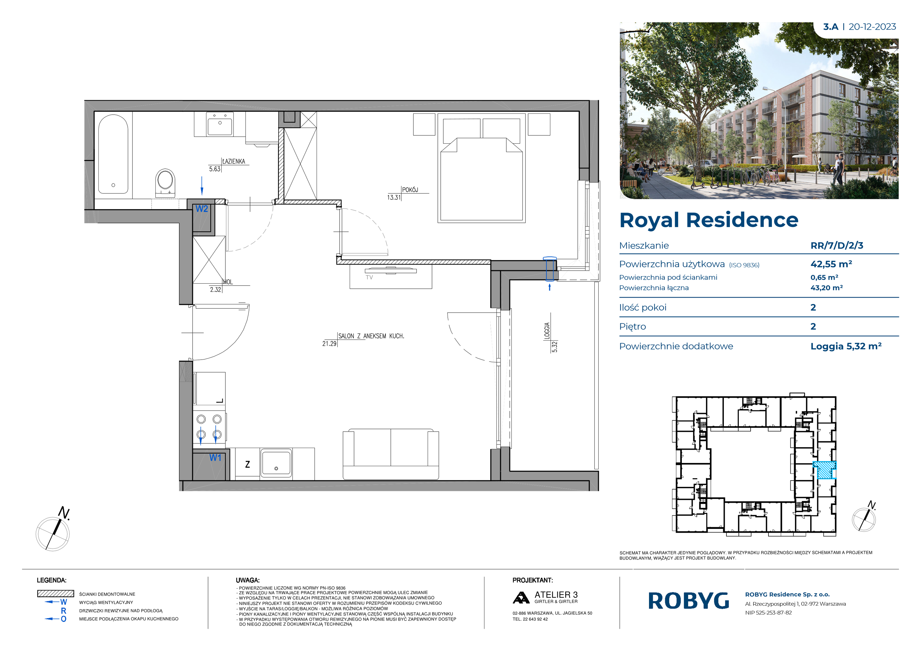 Mieszkanie 42,55 m², piętro 2, oferta nr RR/7/D/2/3, Royal Residence, Warszawa, Wilanów, Błonia Wilanowskie, ul. Sarmacka-idx