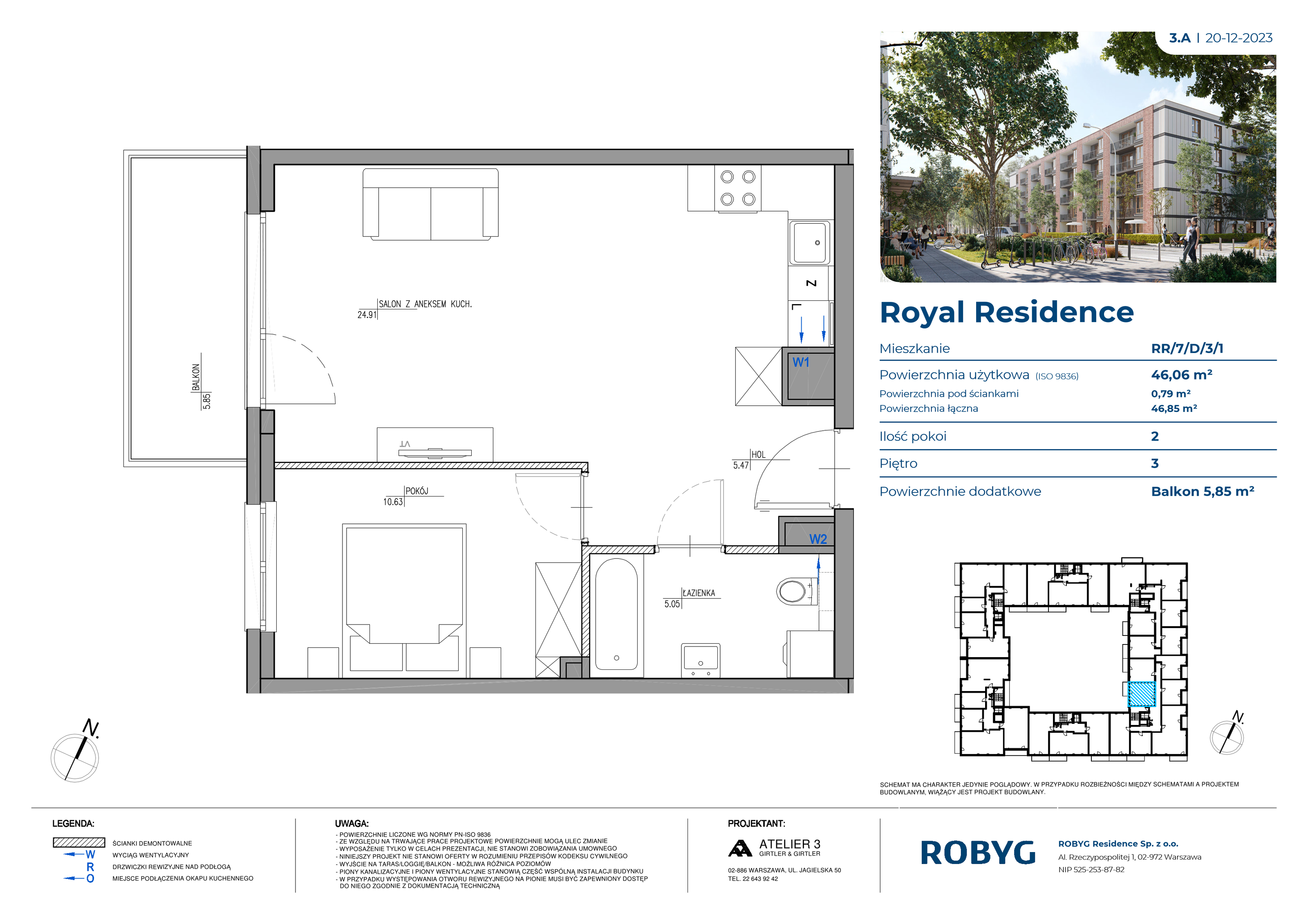 Mieszkanie 46,06 m², piętro 3, oferta nr RR/7/D/3/1, Royal Residence, Warszawa, Wilanów, Błonia Wilanowskie, ul. Sarmacka-idx