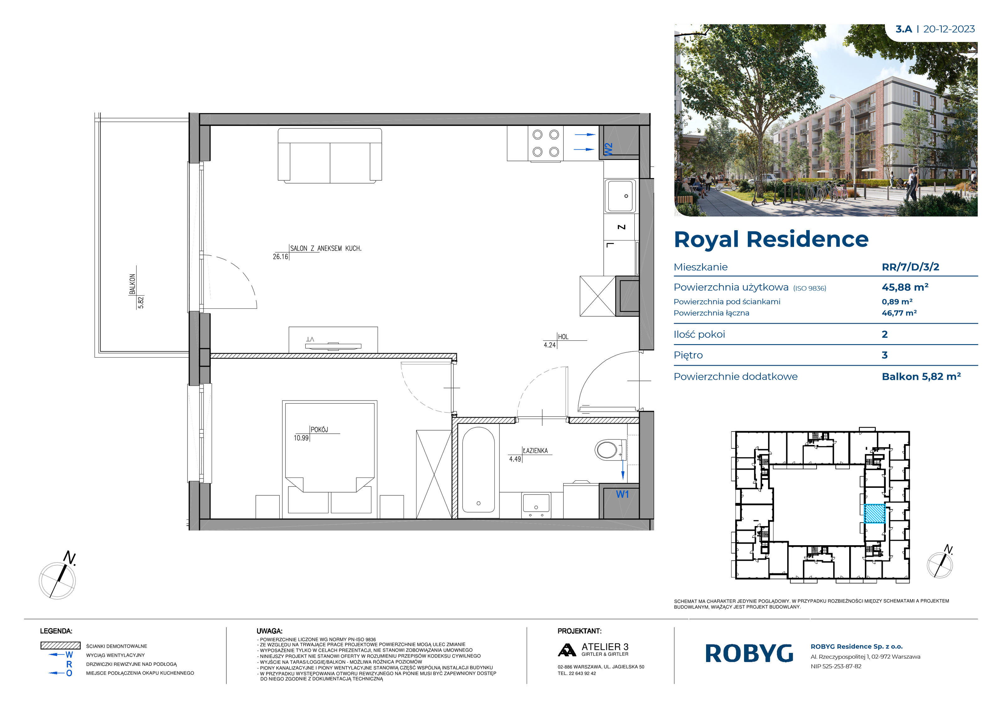 Mieszkanie 45,88 m², piętro 3, oferta nr RR/7/D/3/2, Royal Residence, Warszawa, Wilanów, Błonia Wilanowskie, ul. Sarmacka-idx