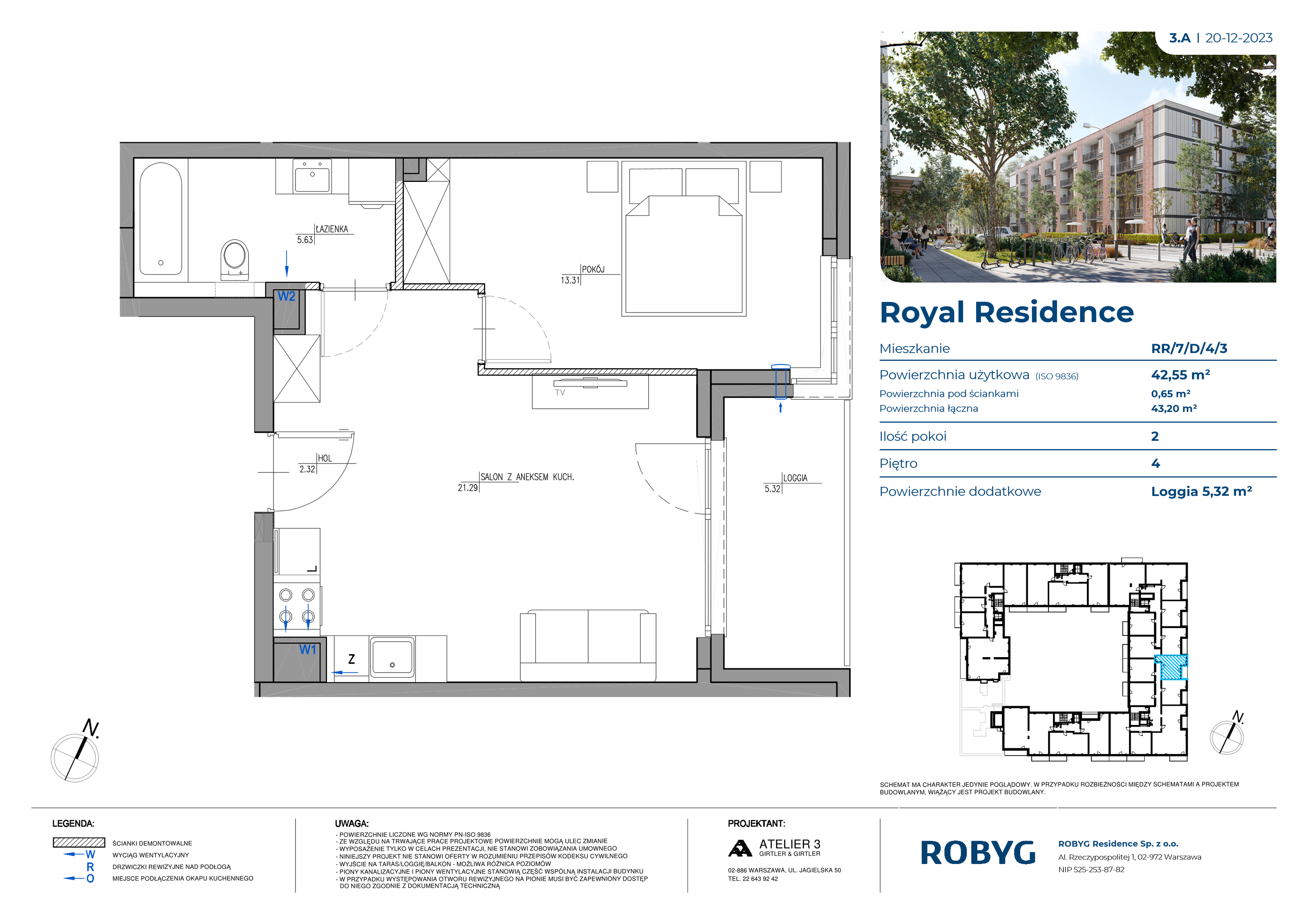 Mieszkanie 42,55 m², piętro 4, oferta nr RR/7/D/4/3, Royal Residence, Warszawa, Wilanów, Błonia Wilanowskie, ul. Sarmacka-idx