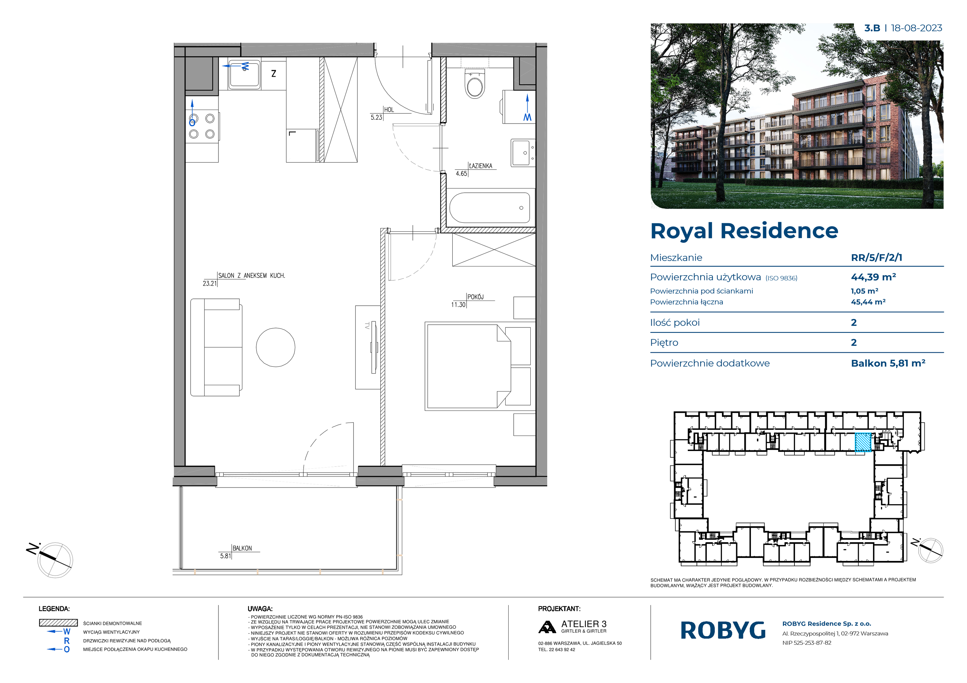 Mieszkanie 44,39 m², piętro 2, oferta nr RR/5/F/2/1, Royal Residence, Warszawa, Wilanów, Błonia Wilanowskie, ul. Sarmacka-idx