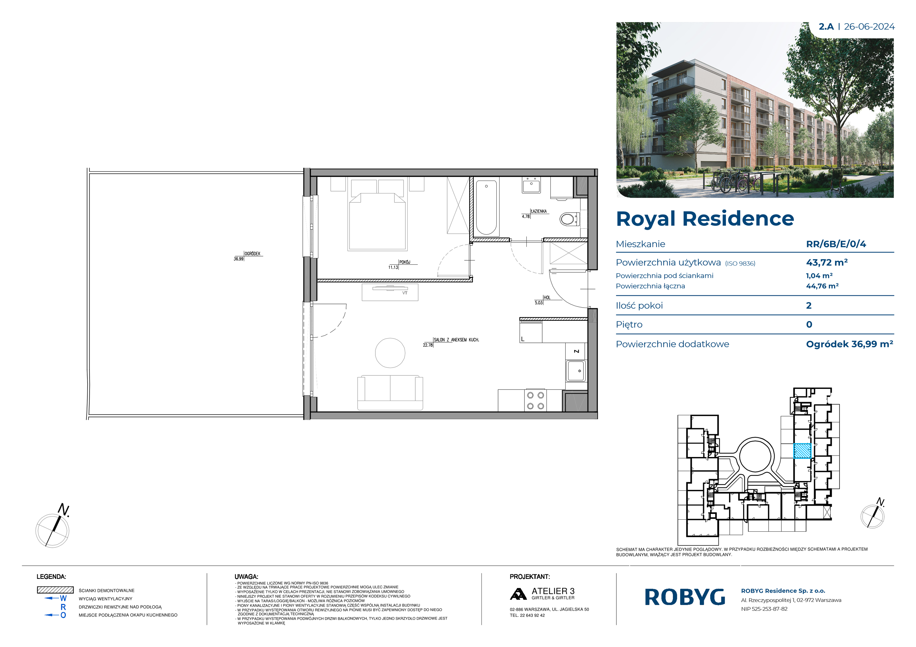 Mieszkanie 43,72 m², parter, oferta nr RR/6B/E/0/4, Royal Residence 6B, Warszawa, Wilanów, Błonia Wilanowskie, ul. Sarmacka-idx