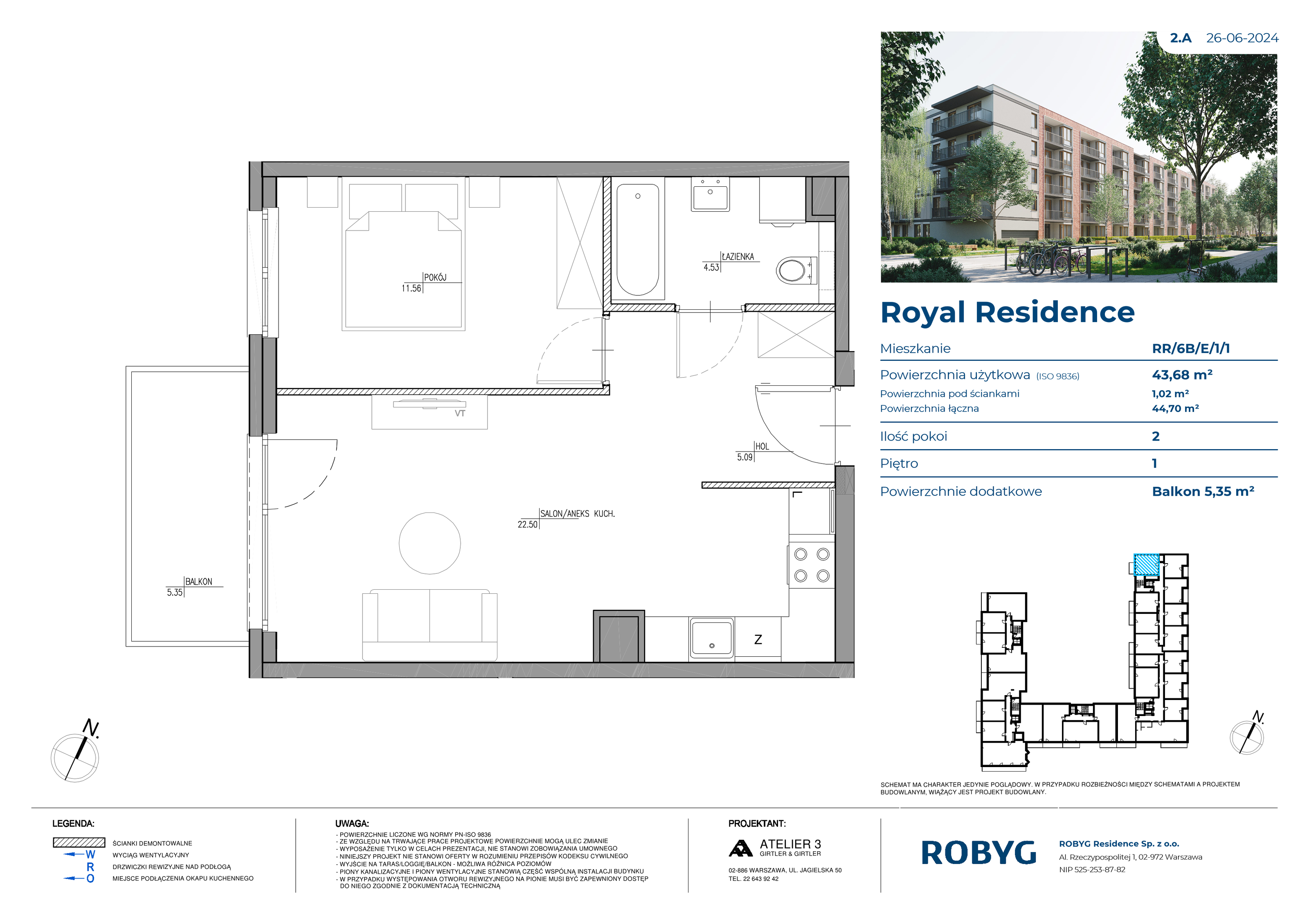 Mieszkanie 43,68 m², piętro 1, oferta nr RR/6B/E/1/1, Royal Residence 6B, Warszawa, Wilanów, Błonia Wilanowskie, ul. Sarmacka-idx