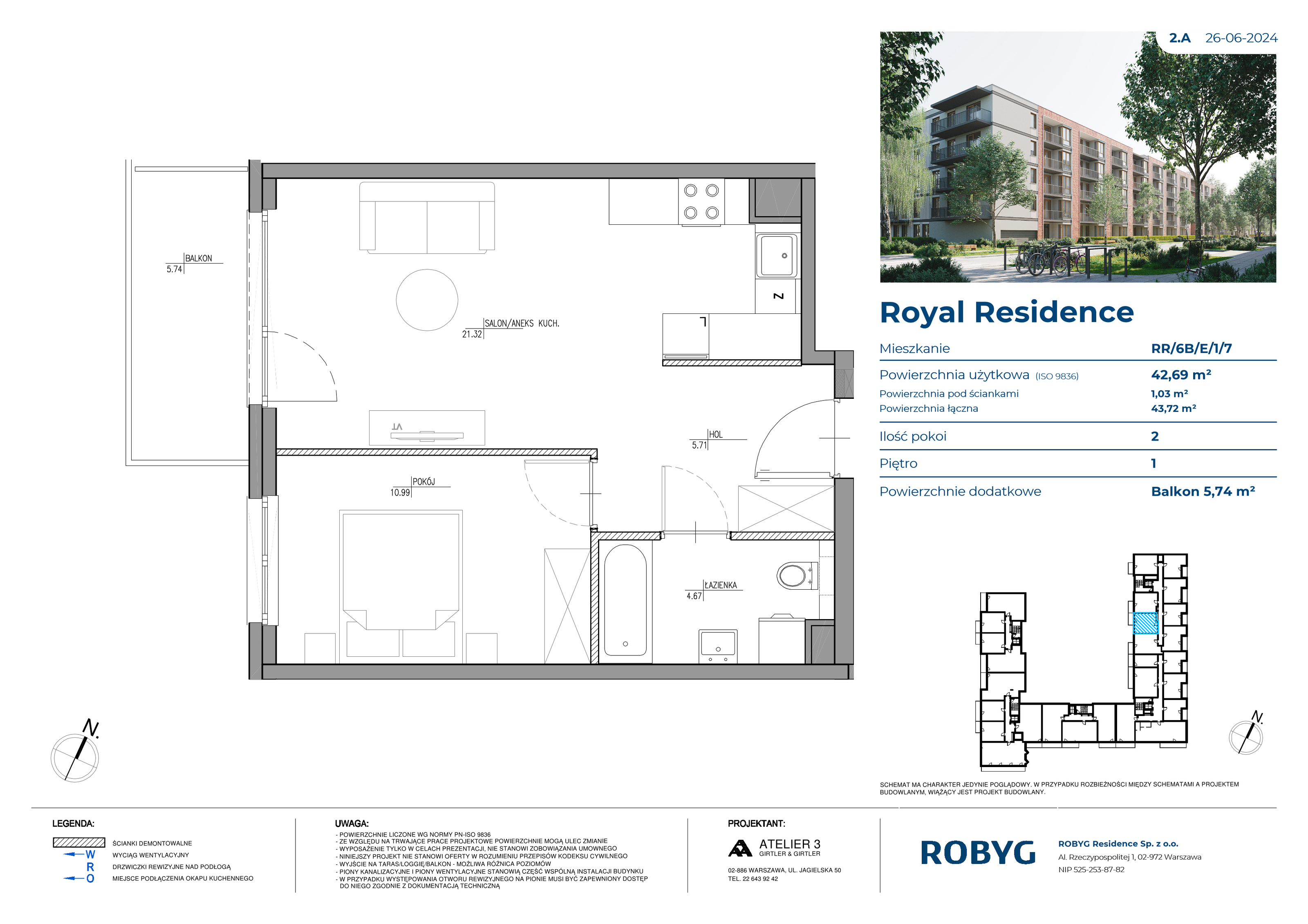 Mieszkanie 42,69 m², piętro 1, oferta nr RR/6B/E/1/7, Royal Residence 6B, Warszawa, Wilanów, Błonia Wilanowskie, ul. Sarmacka-idx