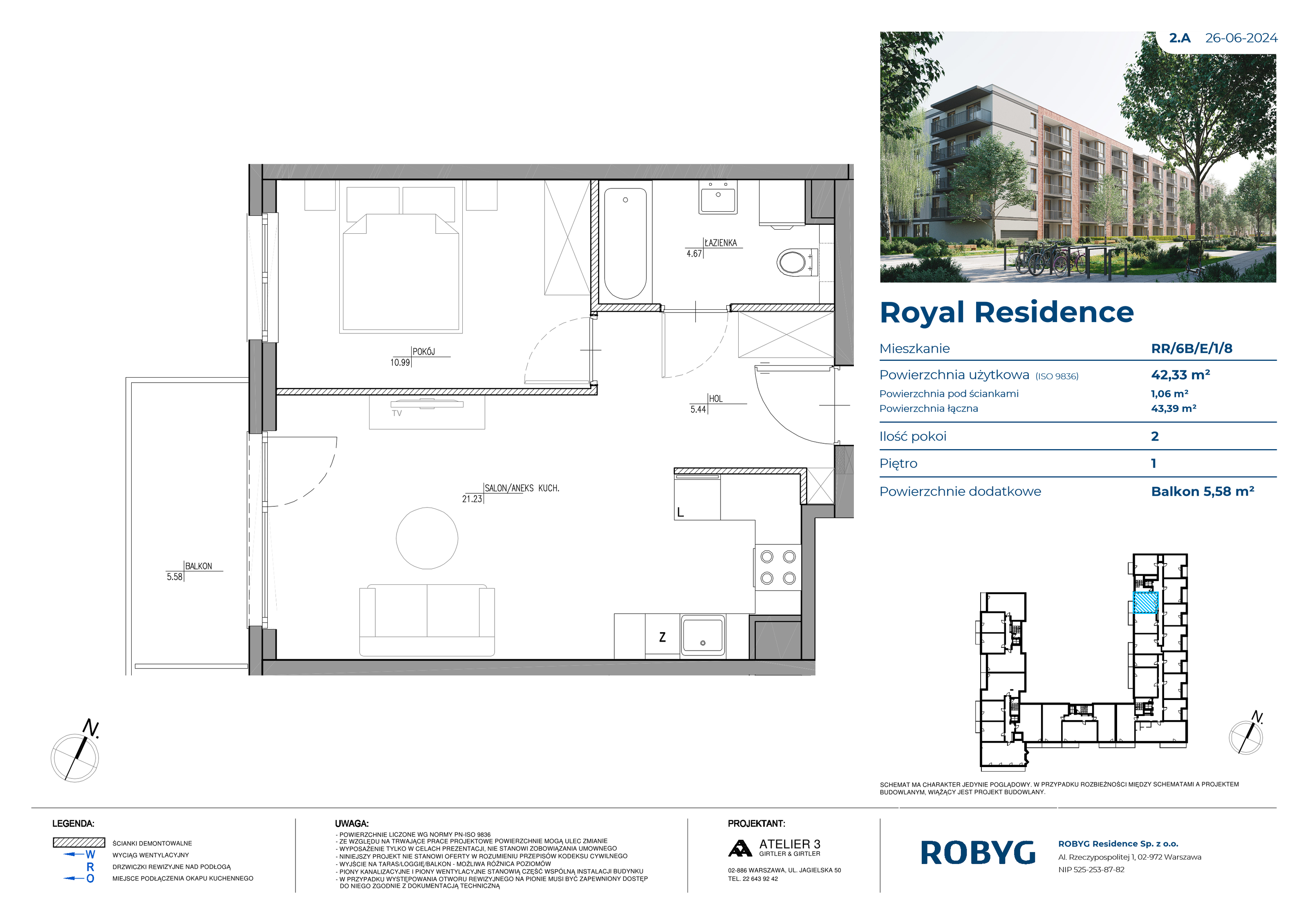 Mieszkanie 42,33 m², piętro 1, oferta nr RR/6B/E/1/8, Royal Residence 6B, Warszawa, Wilanów, Błonia Wilanowskie, ul. Sarmacka-idx