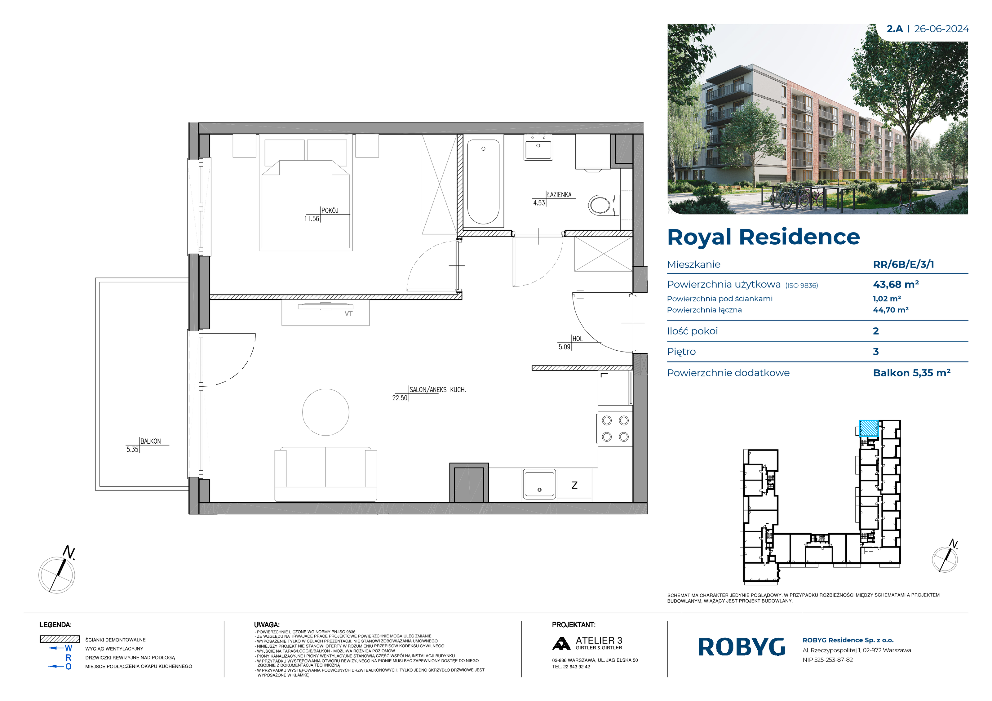 Mieszkanie 43,68 m², piętro 3, oferta nr RR/6B/E/3/1, Royal Residence 6B, Warszawa, Wilanów, Błonia Wilanowskie, ul. Sarmacka-idx