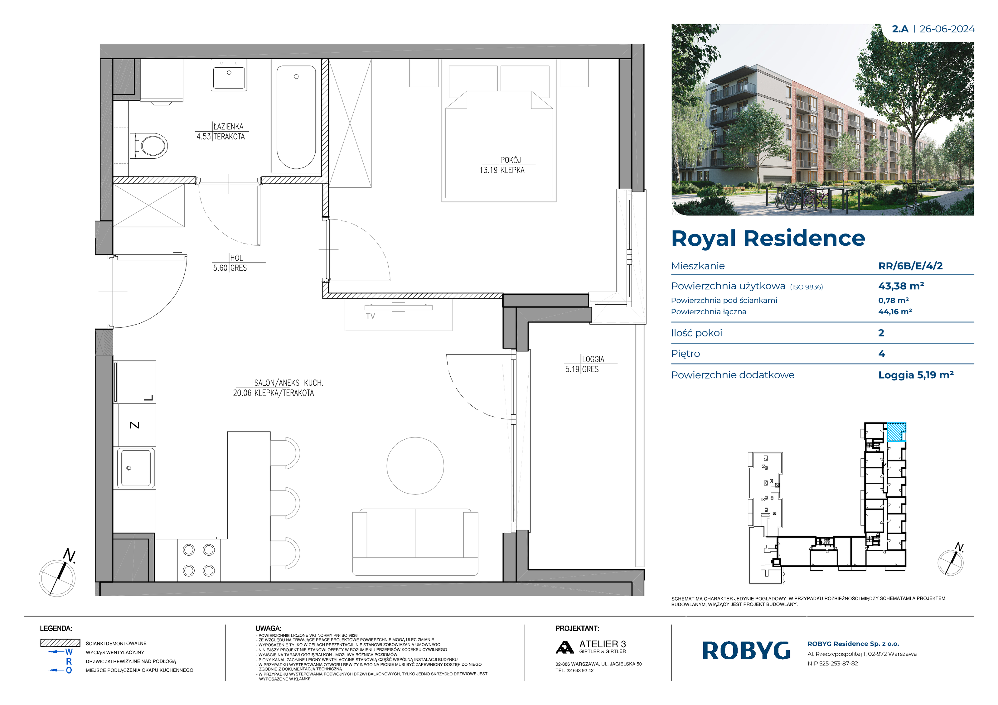 Mieszkanie 43,38 m², piętro 4, oferta nr RR/6B/E/4/2, Royal Residence 6B, Warszawa, Wilanów, Błonia Wilanowskie, ul. Sarmacka-idx