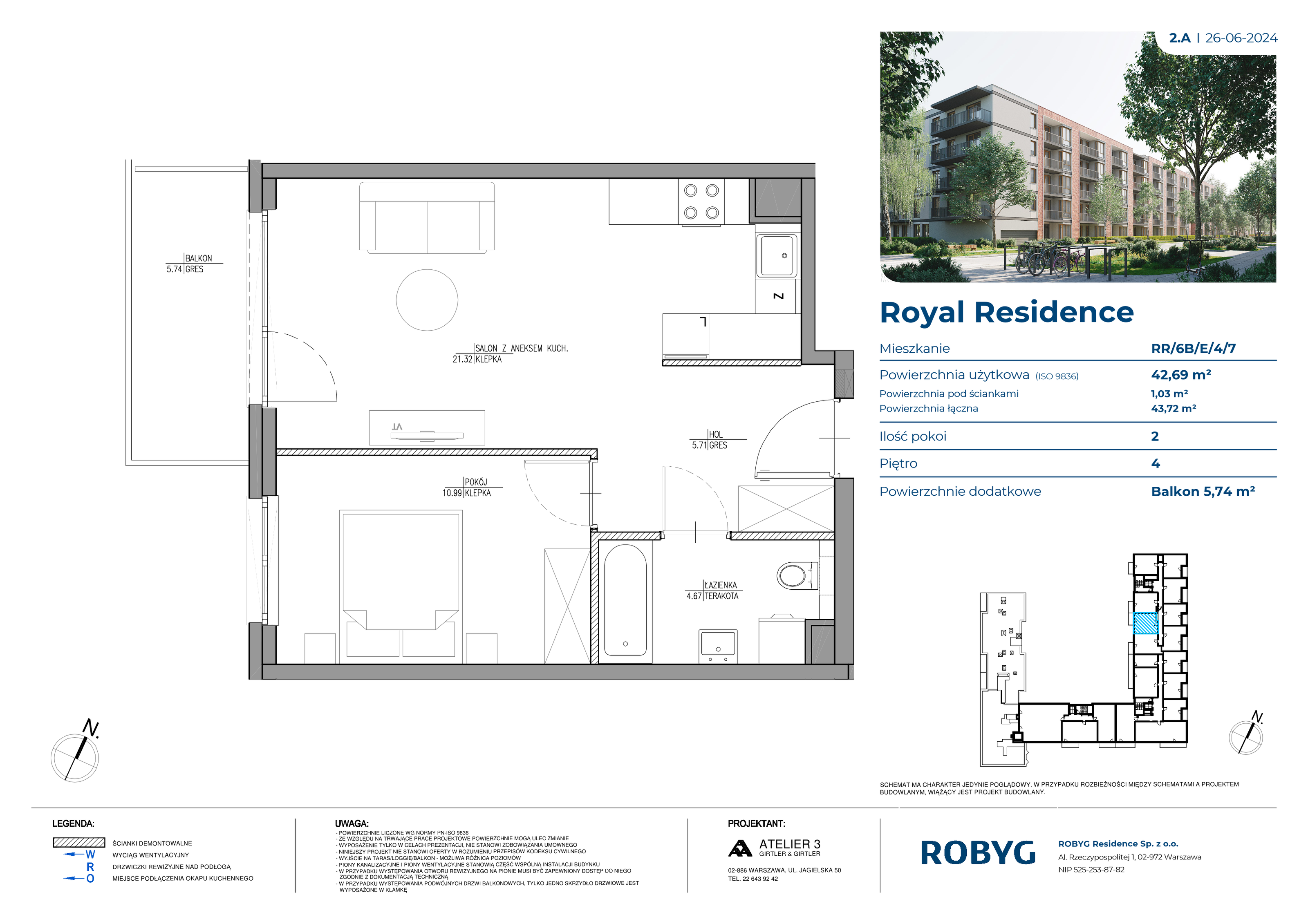 Mieszkanie 42,69 m², piętro 4, oferta nr RR/6B/E/4/7, Royal Residence 6B, Warszawa, Wilanów, Błonia Wilanowskie, ul. Sarmacka-idx