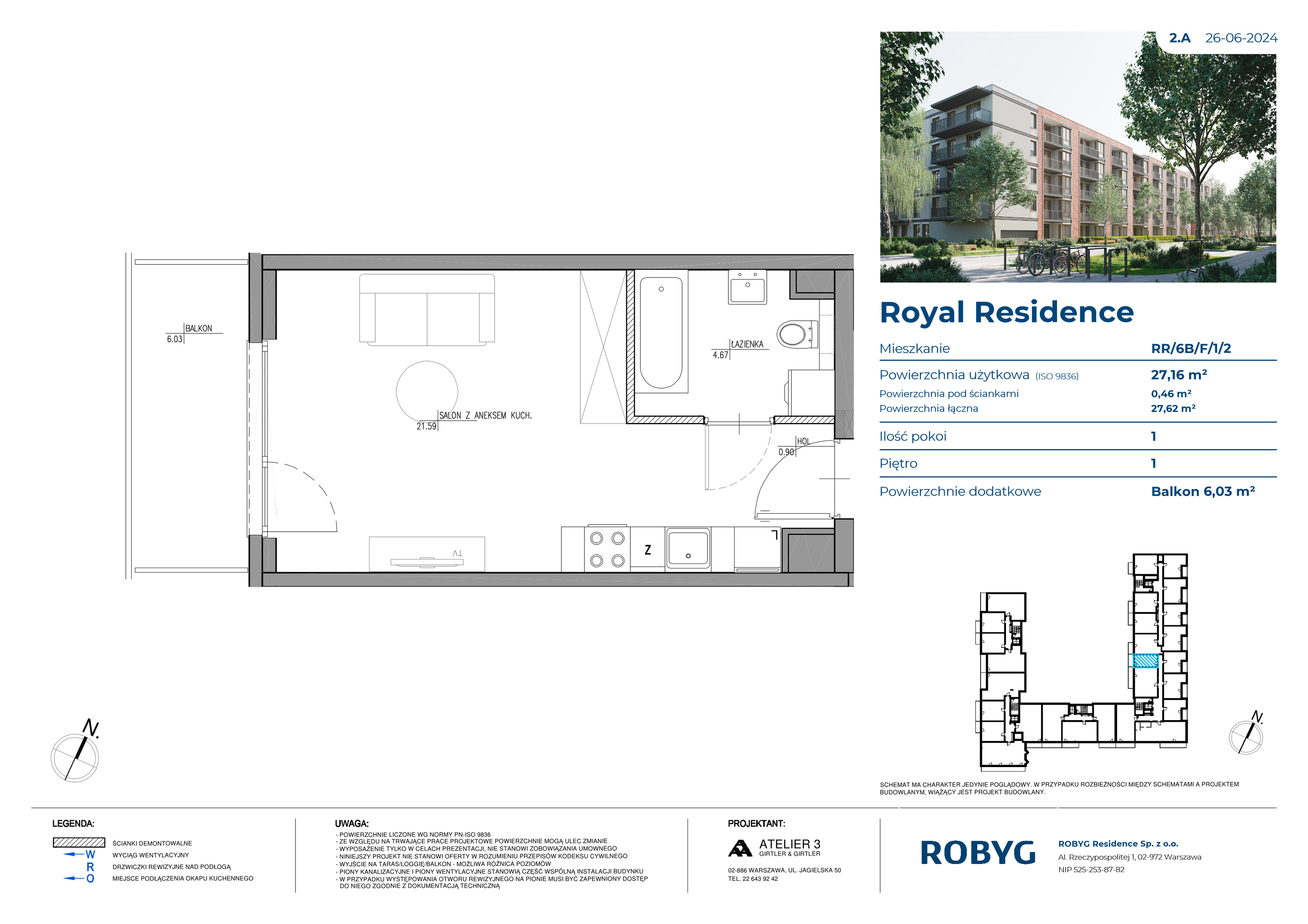 Mieszkanie 27,16 m², piętro 1, oferta nr RR/6B/F/1/2, Royal Residence 6B, Warszawa, Wilanów, Błonia Wilanowskie, ul. Sarmacka-idx