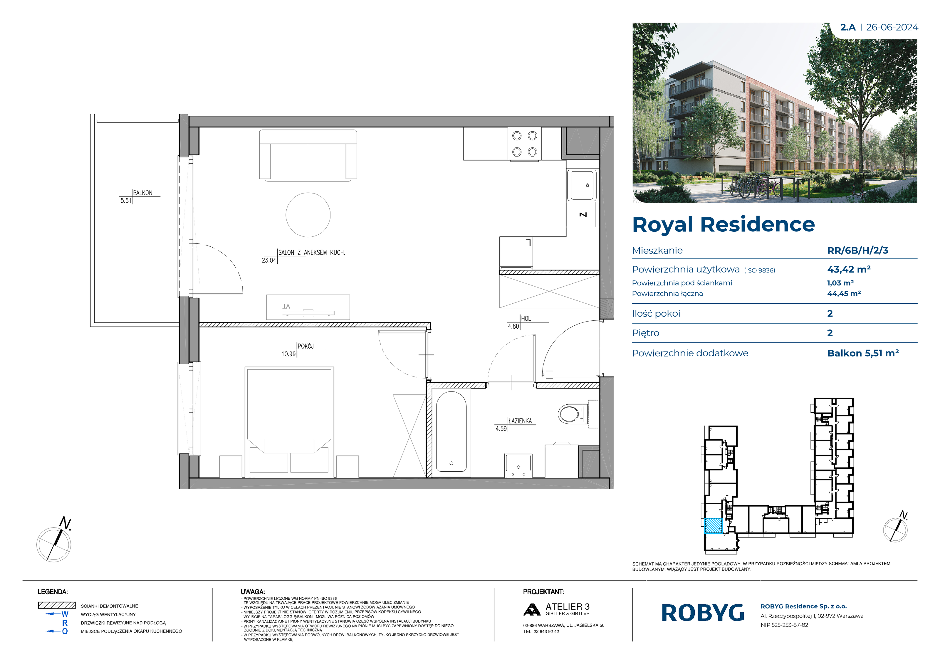 Mieszkanie 43,42 m², piętro 2, oferta nr RR/6B/H/2/3, Royal Residence 6B, Warszawa, Wilanów, Błonia Wilanowskie, ul. Sarmacka-idx