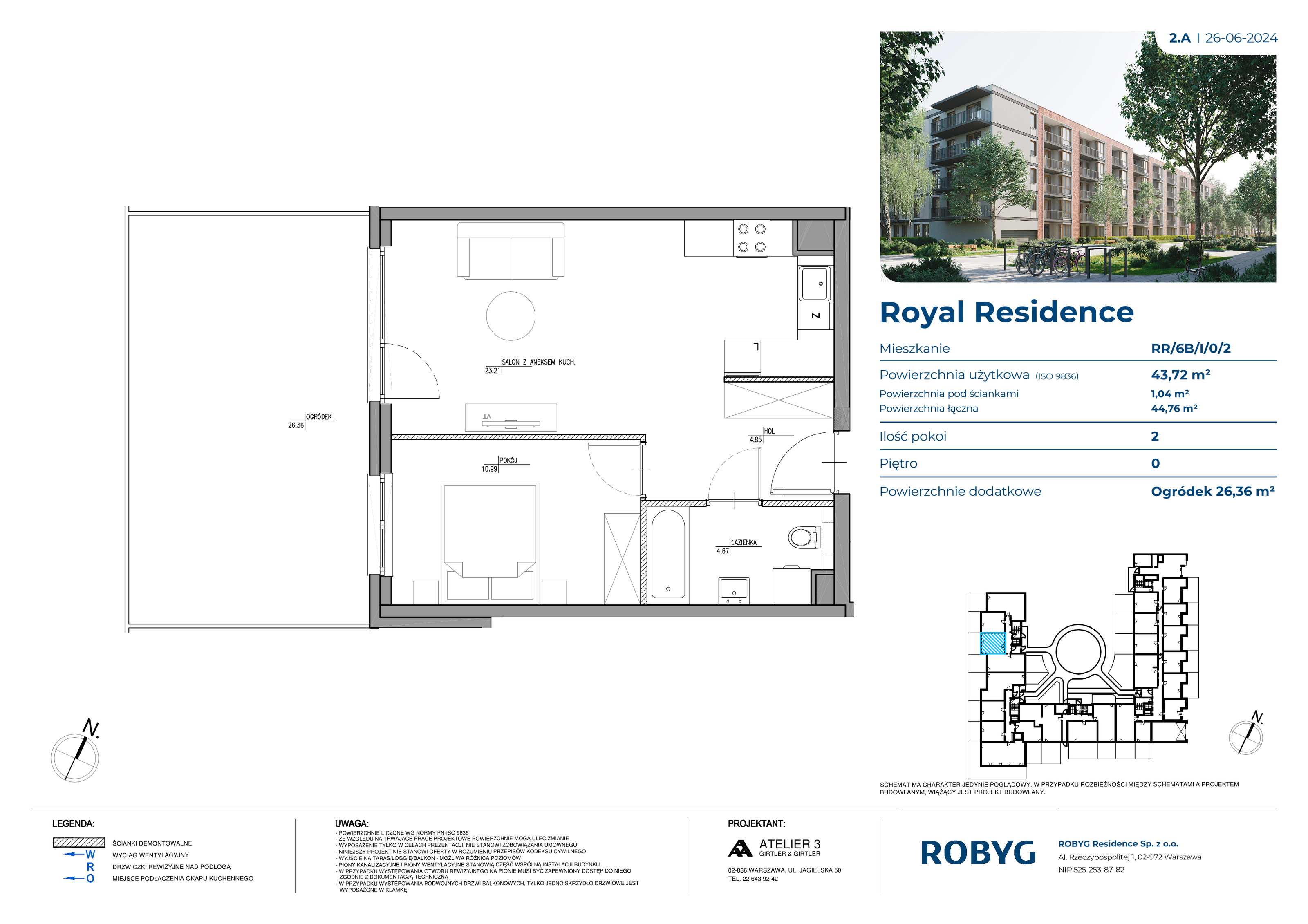 Mieszkanie 43,72 m², parter, oferta nr RR/6B/I/0/2, Royal Residence 6B, Warszawa, Wilanów, Błonia Wilanowskie, ul. Sarmacka-idx