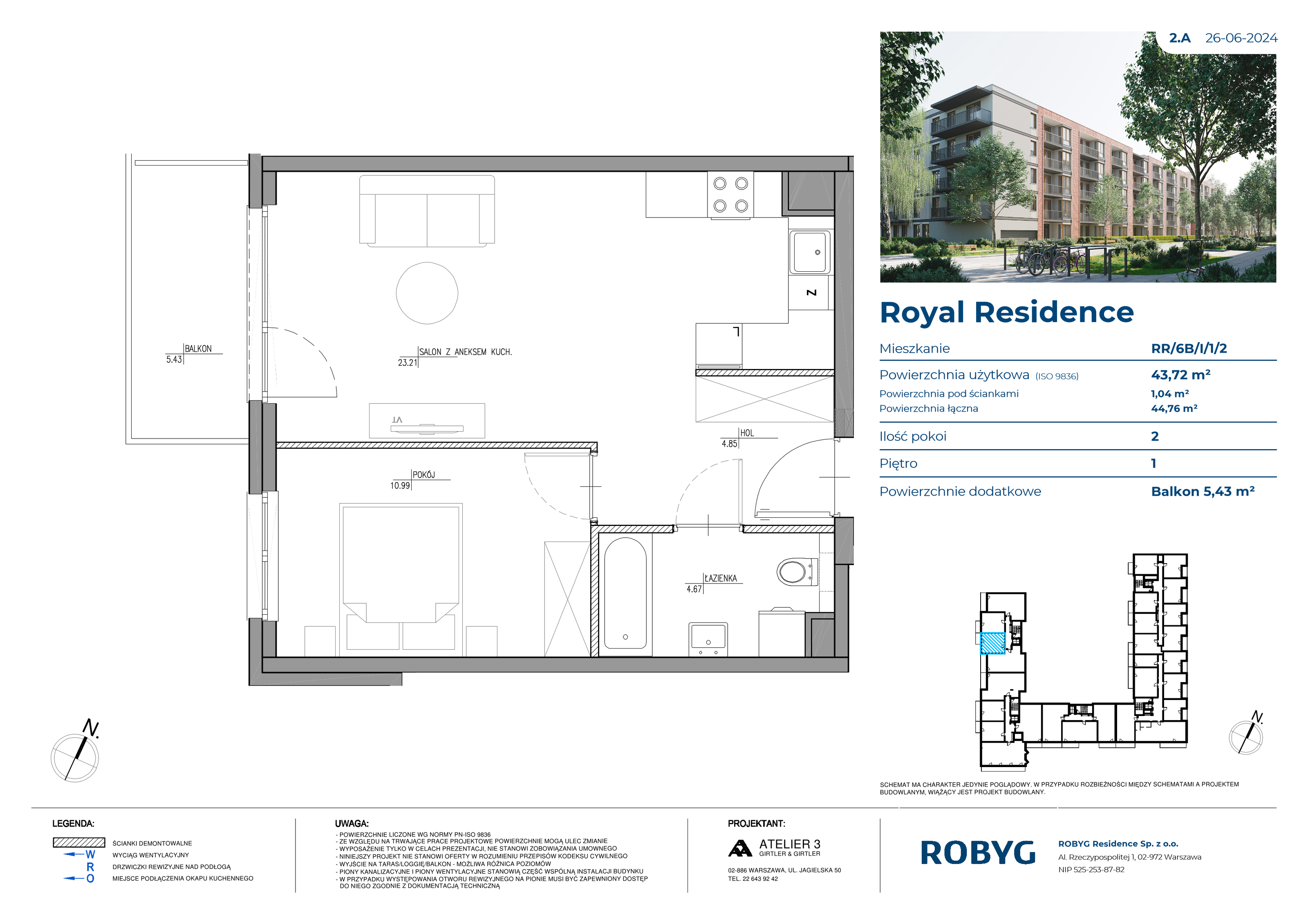 Mieszkanie 43,72 m², piętro 1, oferta nr RR/6B/I/1/2, Royal Residence 6B, Warszawa, Wilanów, Błonia Wilanowskie, ul. Sarmacka-idx