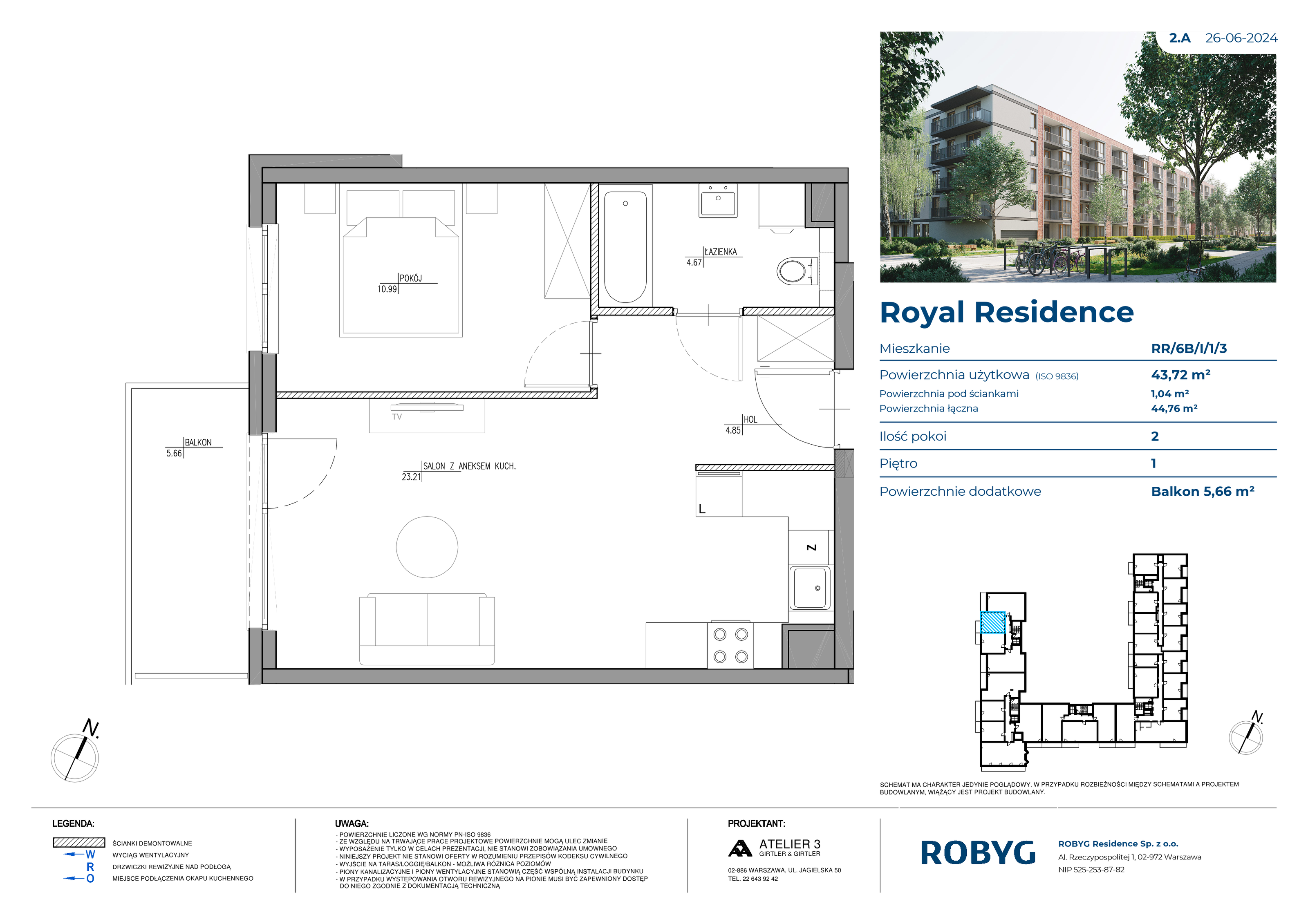 Mieszkanie 43,72 m², piętro 1, oferta nr RR/6B/I/1/3, Royal Residence 6B, Warszawa, Wilanów, Błonia Wilanowskie, ul. Sarmacka-idx