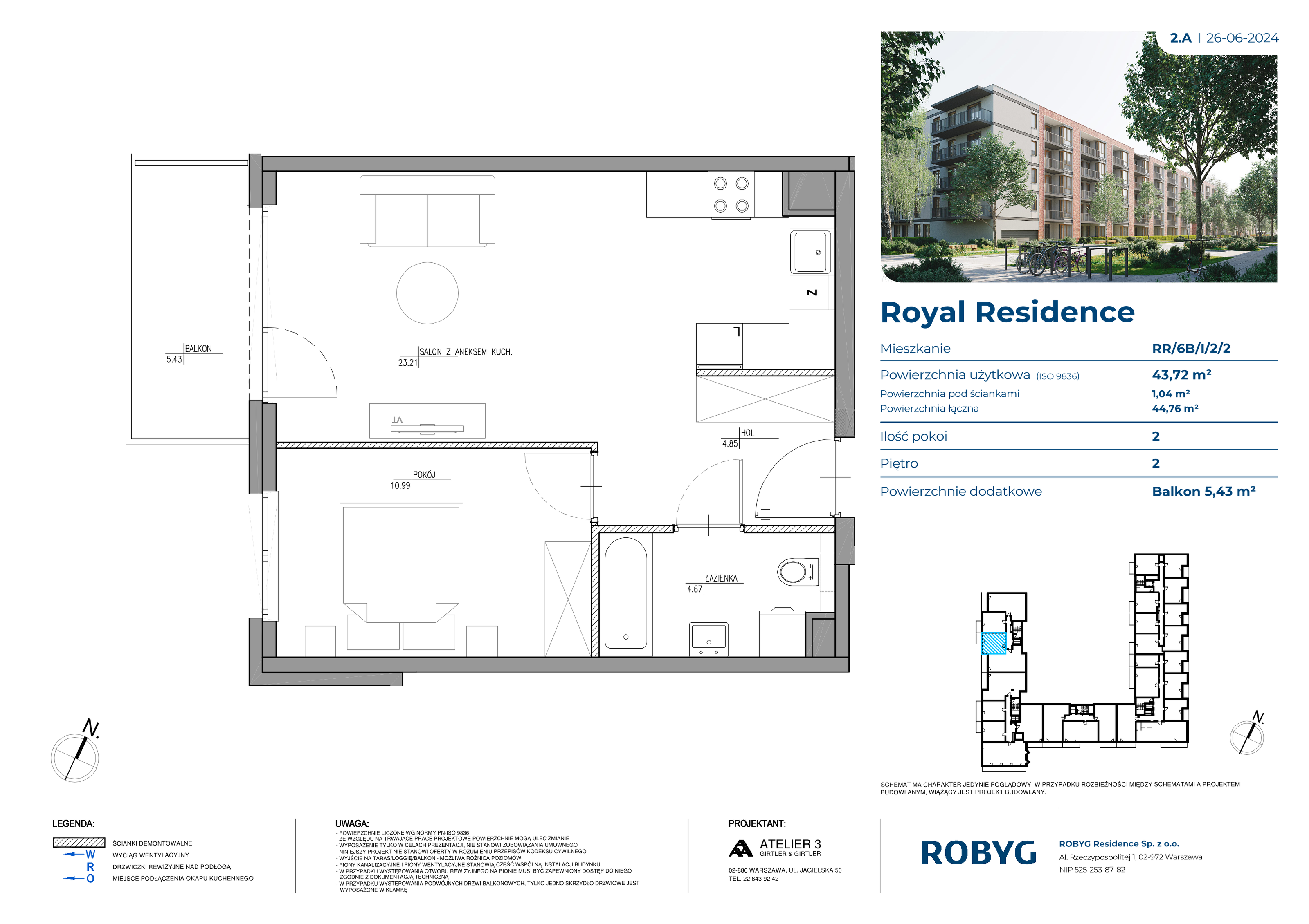 Mieszkanie 43,72 m², piętro 2, oferta nr RR/6B/I/2/2, Royal Residence 6B, Warszawa, Wilanów, Błonia Wilanowskie, ul. Sarmacka-idx