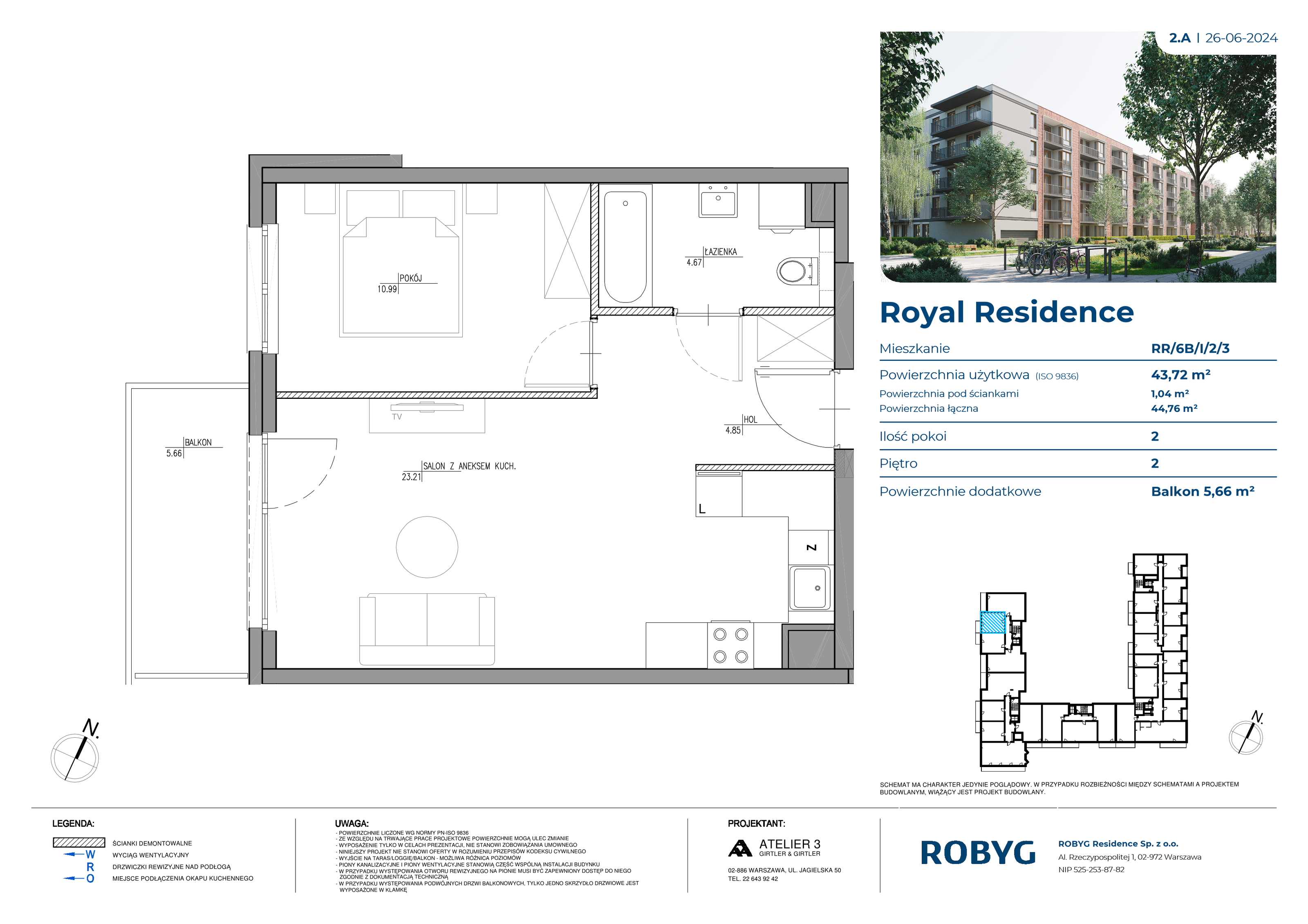 Mieszkanie 43,72 m², piętro 2, oferta nr RR/6B/I/2/3, Royal Residence 6B, Warszawa, Wilanów, Błonia Wilanowskie, ul. Sarmacka-idx