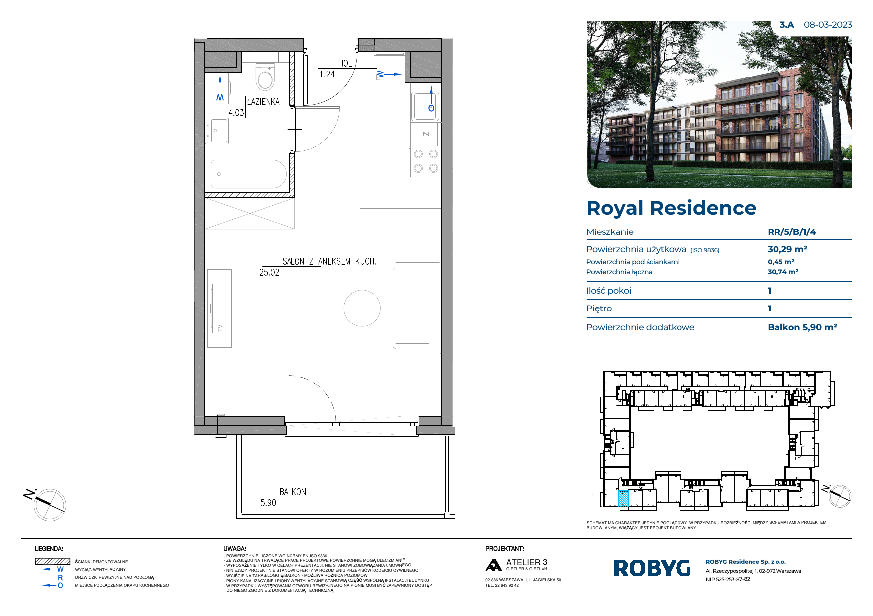 Mieszkanie 30,29 m², piętro 1, oferta nr RR/5/B/1/4, Royal Residence, Warszawa, Wilanów, Błonia Wilanowskie, ul. Sarmacka-idx