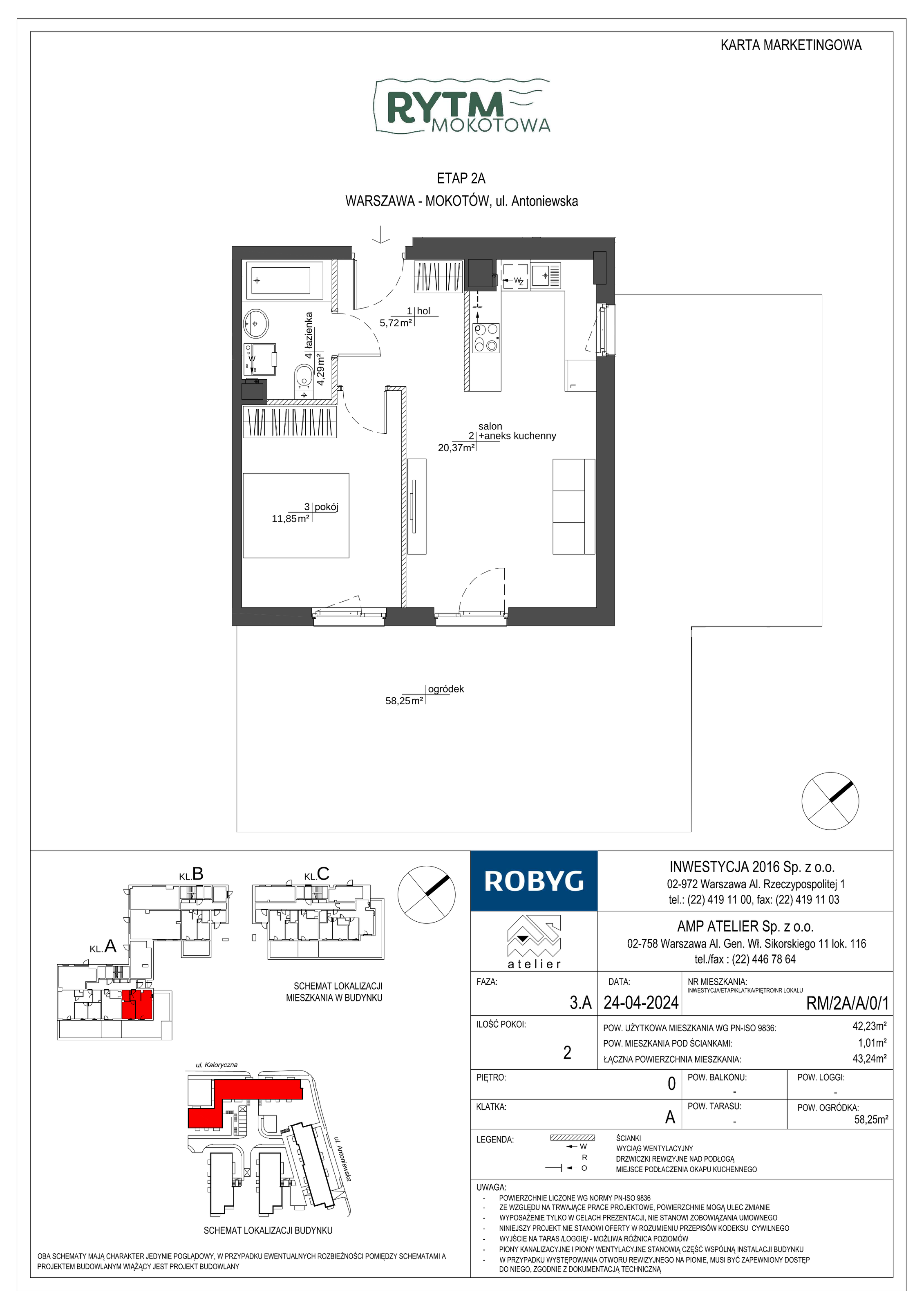 Mieszkanie 42,23 m², parter, oferta nr RM/2A/A/0/1, Rytm Mokotowa, Warszawa, Mokotów, Augustówka, ul. Antoniewska / Piramowicza-idx