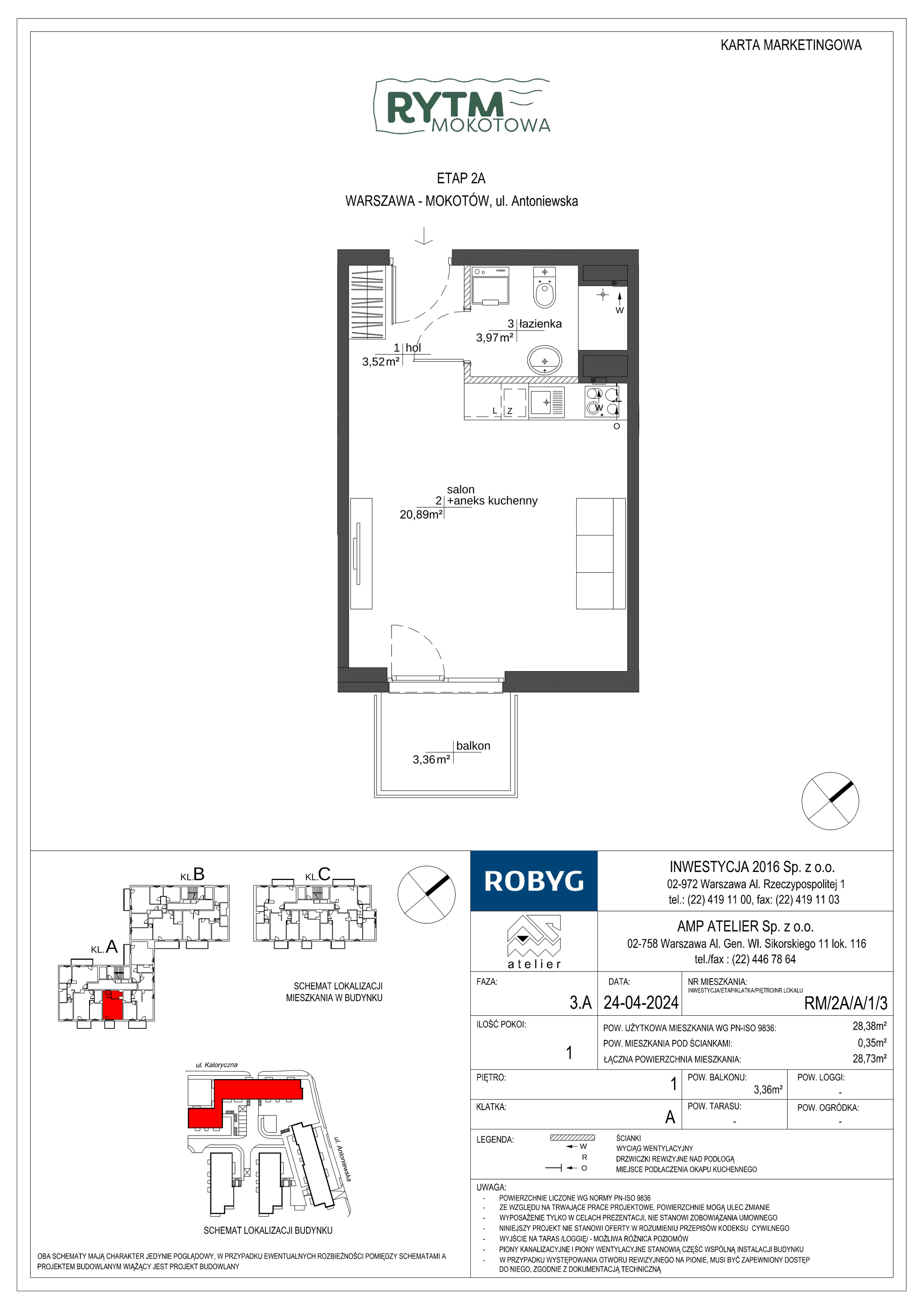 Mieszkanie 28,38 m², piętro 1, oferta nr RM/2A/A/1/3, Rytm Mokotowa, Warszawa, Mokotów, Augustówka, ul. Antoniewska / Piramowicza-idx