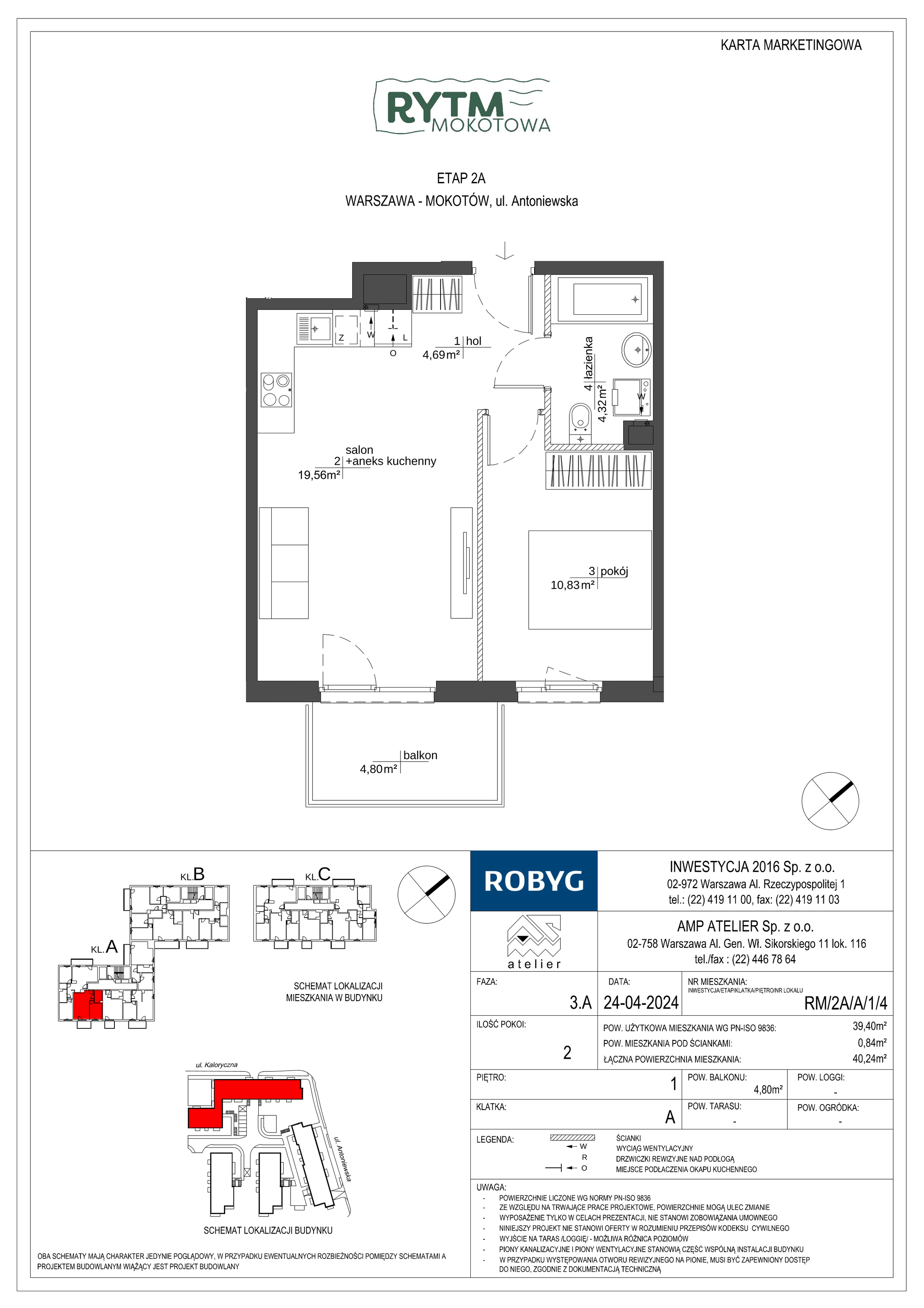 Mieszkanie 39,40 m², piętro 1, oferta nr RM/2A/A/1/4, Rytm Mokotowa, Warszawa, Mokotów, Augustówka, ul. Antoniewska / Piramowicza-idx