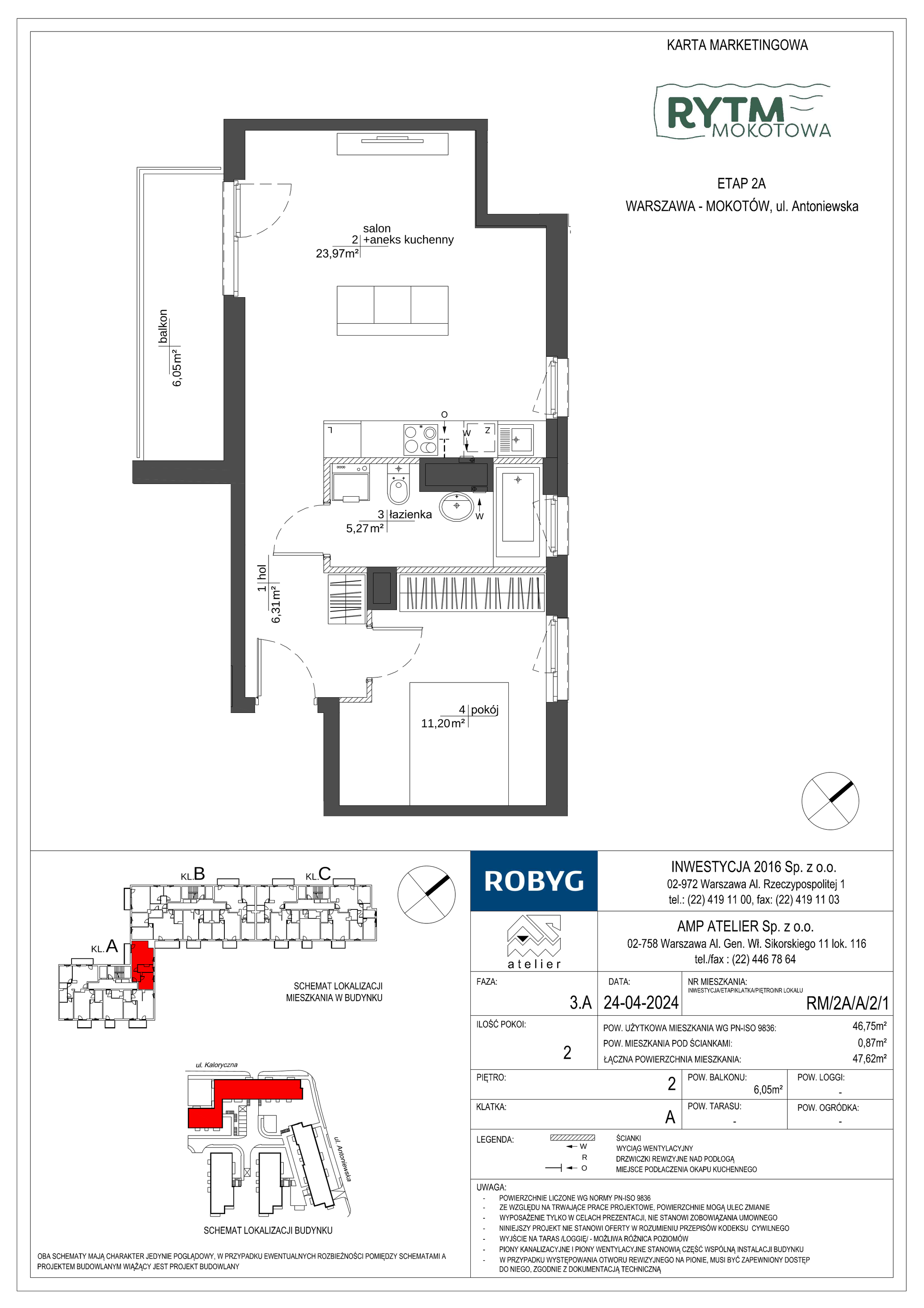 Mieszkanie 46,75 m², piętro 2, oferta nr RM/2A/A/2/1, Rytm Mokotowa, Warszawa, Mokotów, Augustówka, ul. Antoniewska / Piramowicza-idx