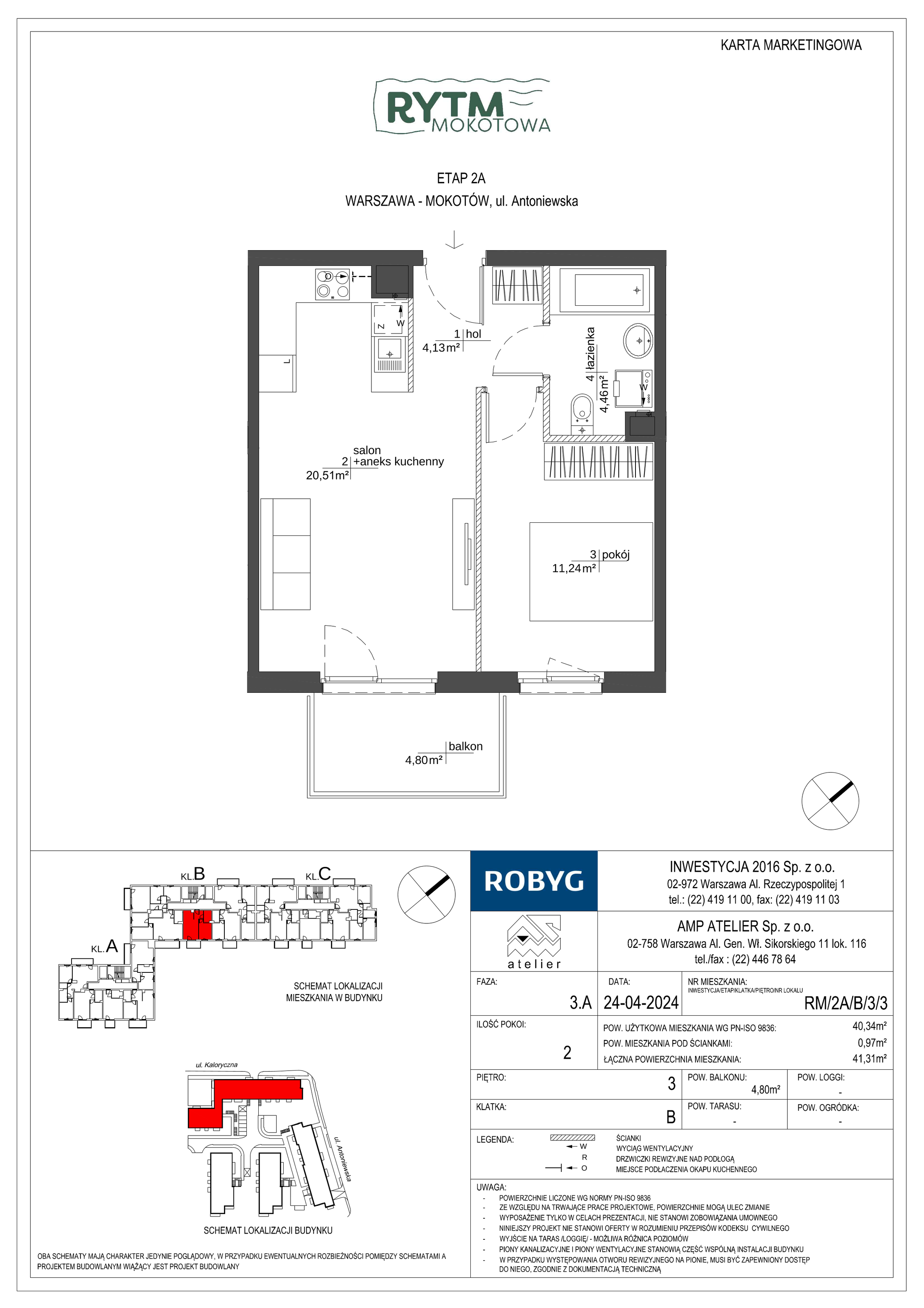 Mieszkanie 40,34 m², piętro 3, oferta nr RM/2A/B/3/3, Rytm Mokotowa, Warszawa, Mokotów, Augustówka, ul. Antoniewska / Piramowicza-idx