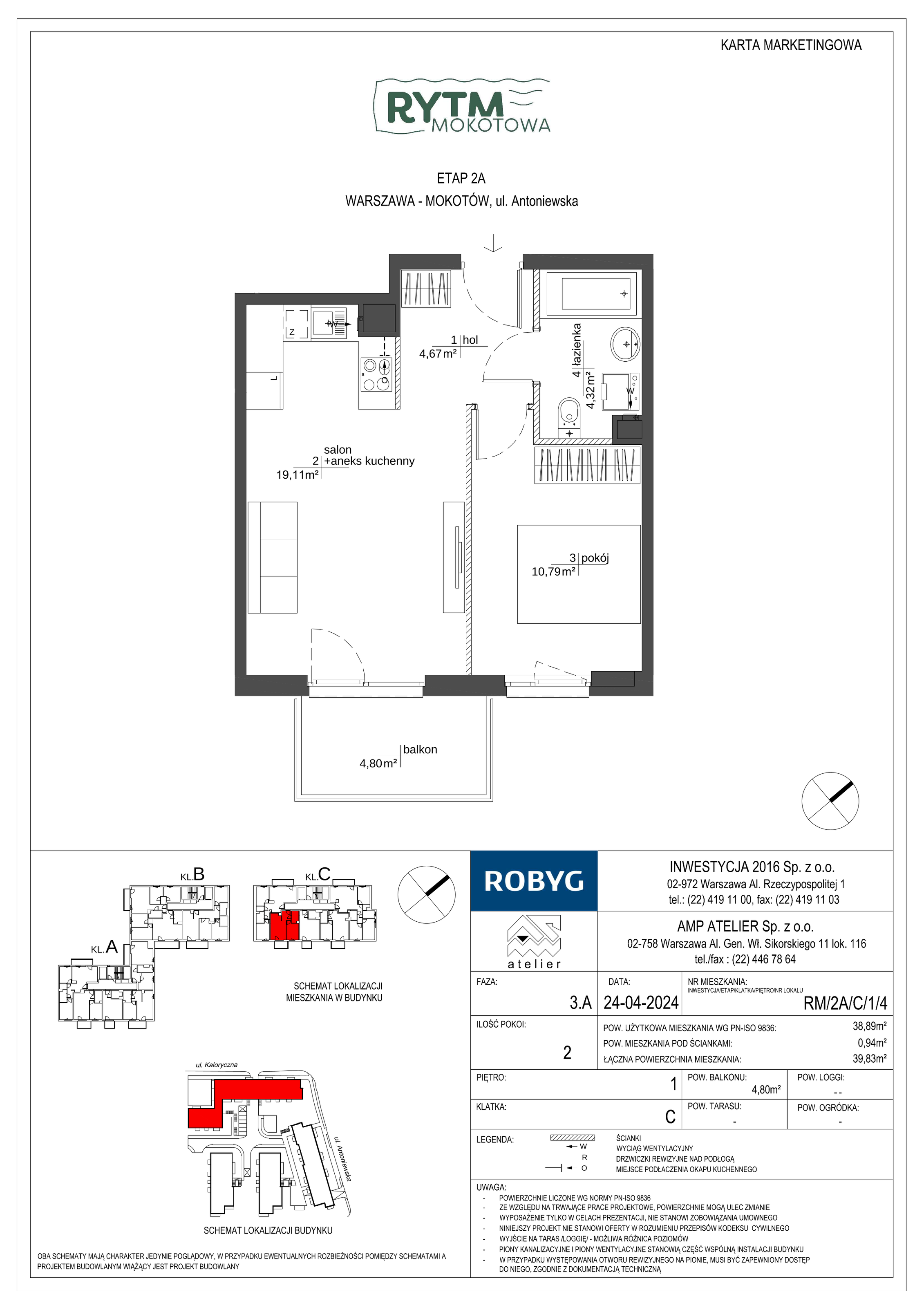 Mieszkanie 38,89 m², piętro 1, oferta nr RM/2A/C/1/4, Rytm Mokotowa, Warszawa, Mokotów, Augustówka, ul. Antoniewska / Piramowicza-idx