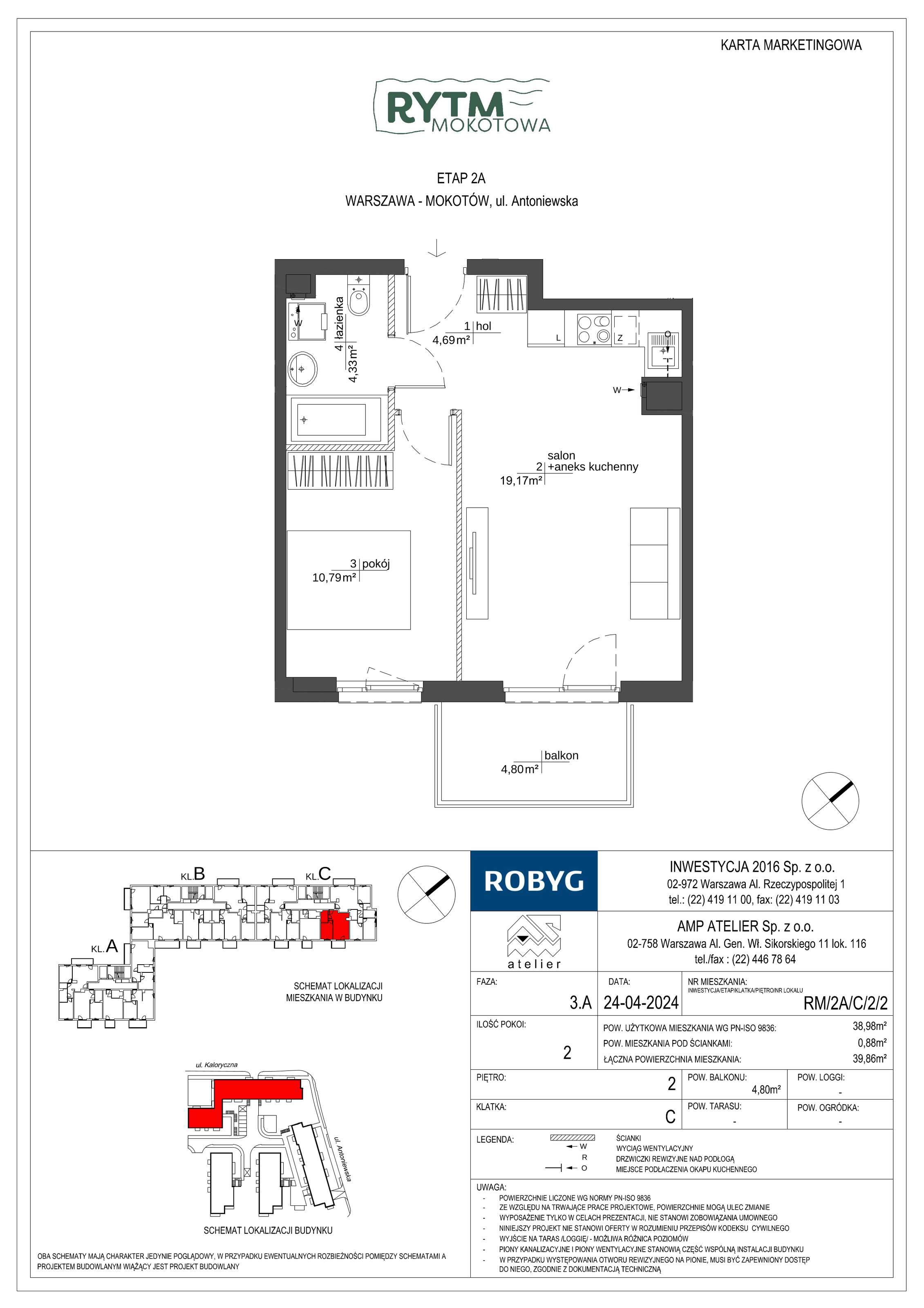 Mieszkanie 38,98 m², piętro 2, oferta nr RM/2A/C/2/2, Rytm Mokotowa, Warszawa, Mokotów, Augustówka, ul. Antoniewska / Piramowicza-idx