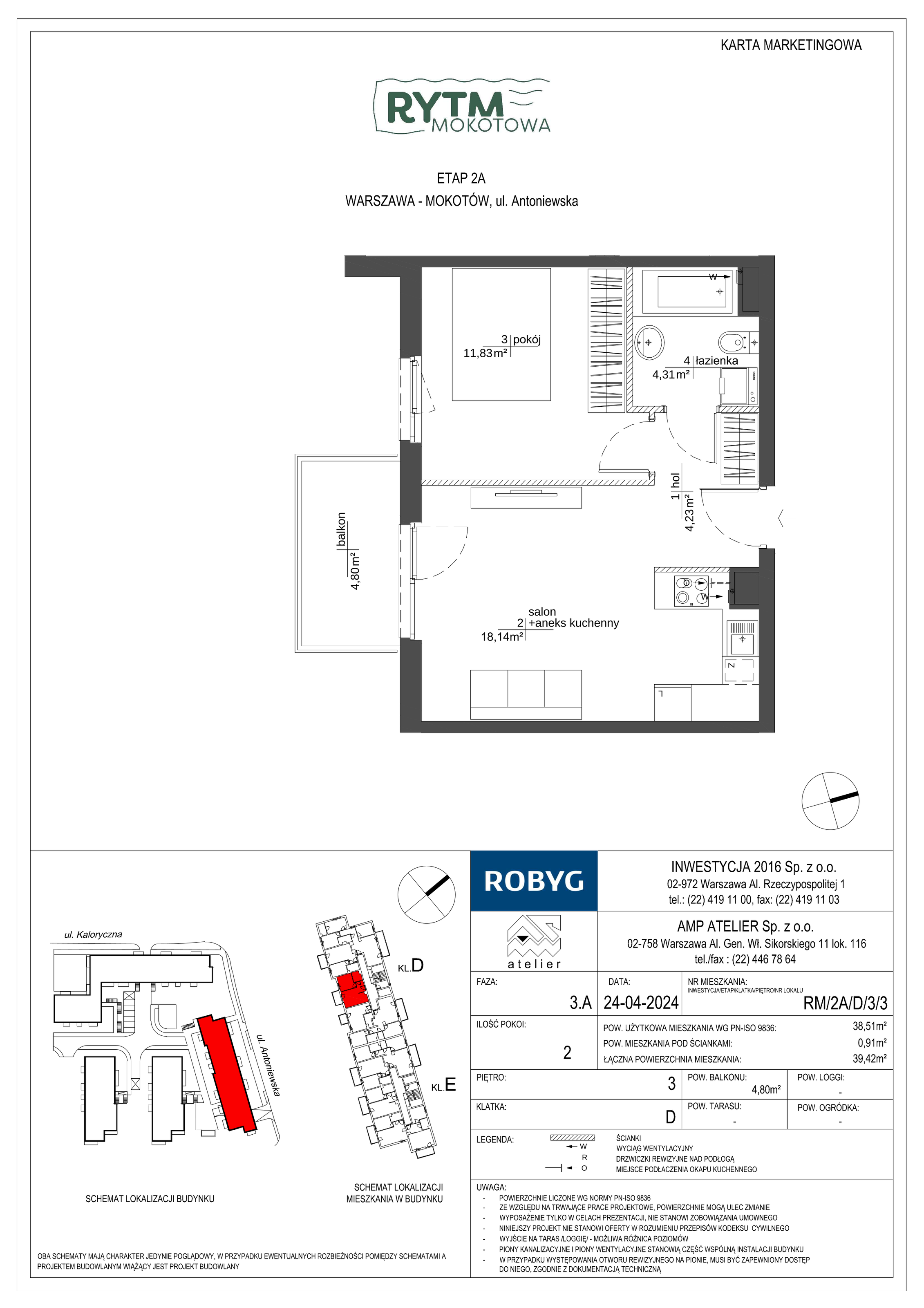 Mieszkanie 38,51 m², piętro 3, oferta nr RM/2A/D/3/3, Rytm Mokotowa, Warszawa, Mokotów, Augustówka, ul. Antoniewska / Piramowicza-idx