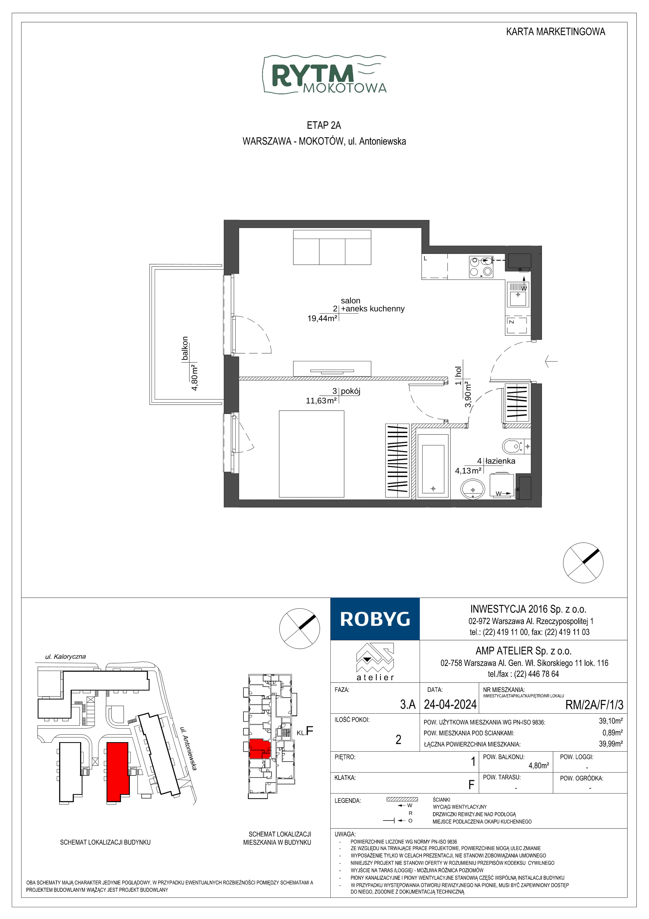 Mieszkanie 39,10 m², piętro 1, oferta nr RM/2A/F/1/3, Rytm Mokotowa, Warszawa, Mokotów, Augustówka, ul. Antoniewska / Piramowicza-idx