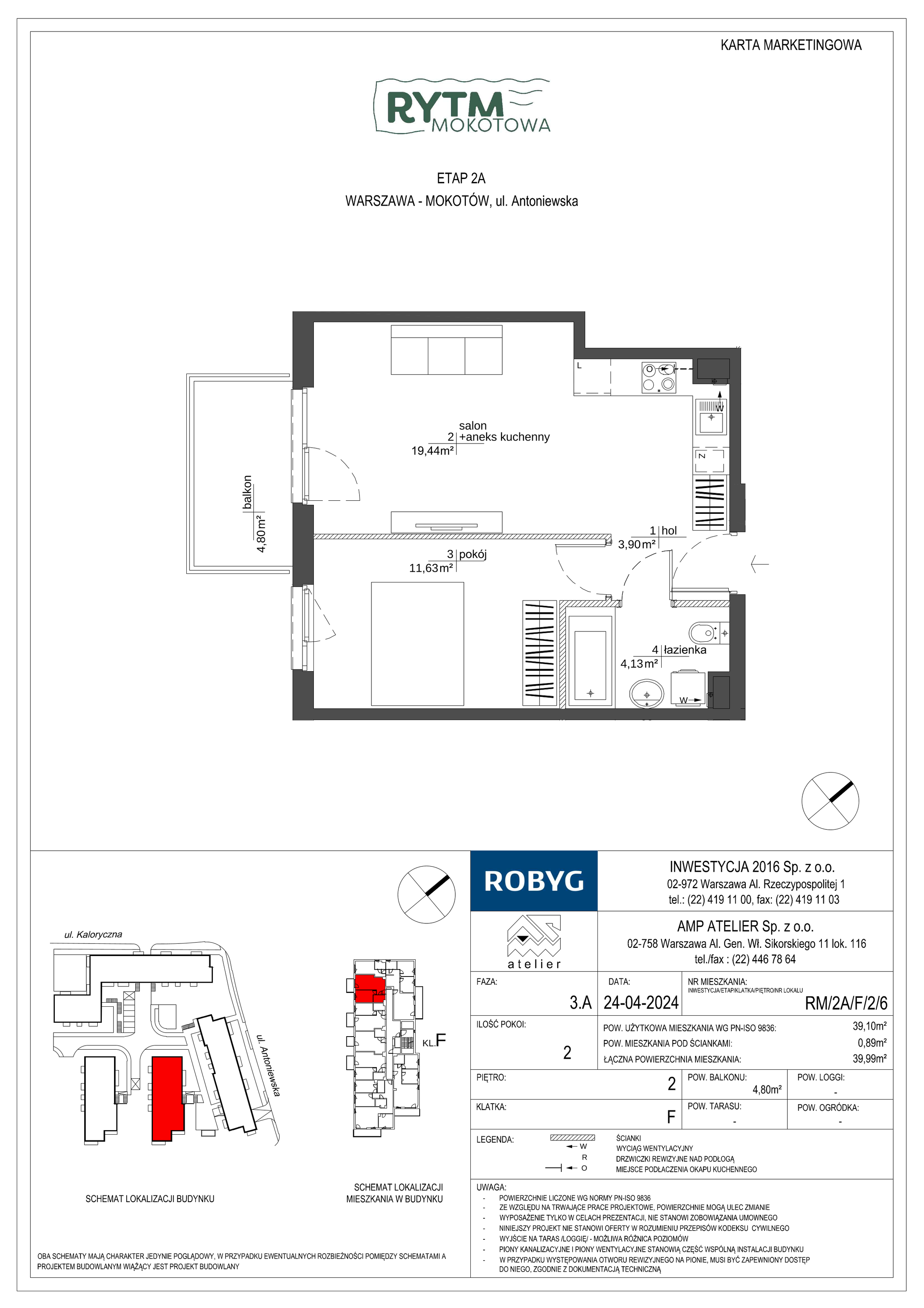 Mieszkanie 39,10 m², piętro 2, oferta nr RM/2A/F/2/6, Rytm Mokotowa, Warszawa, Mokotów, Augustówka, ul. Antoniewska / Piramowicza-idx