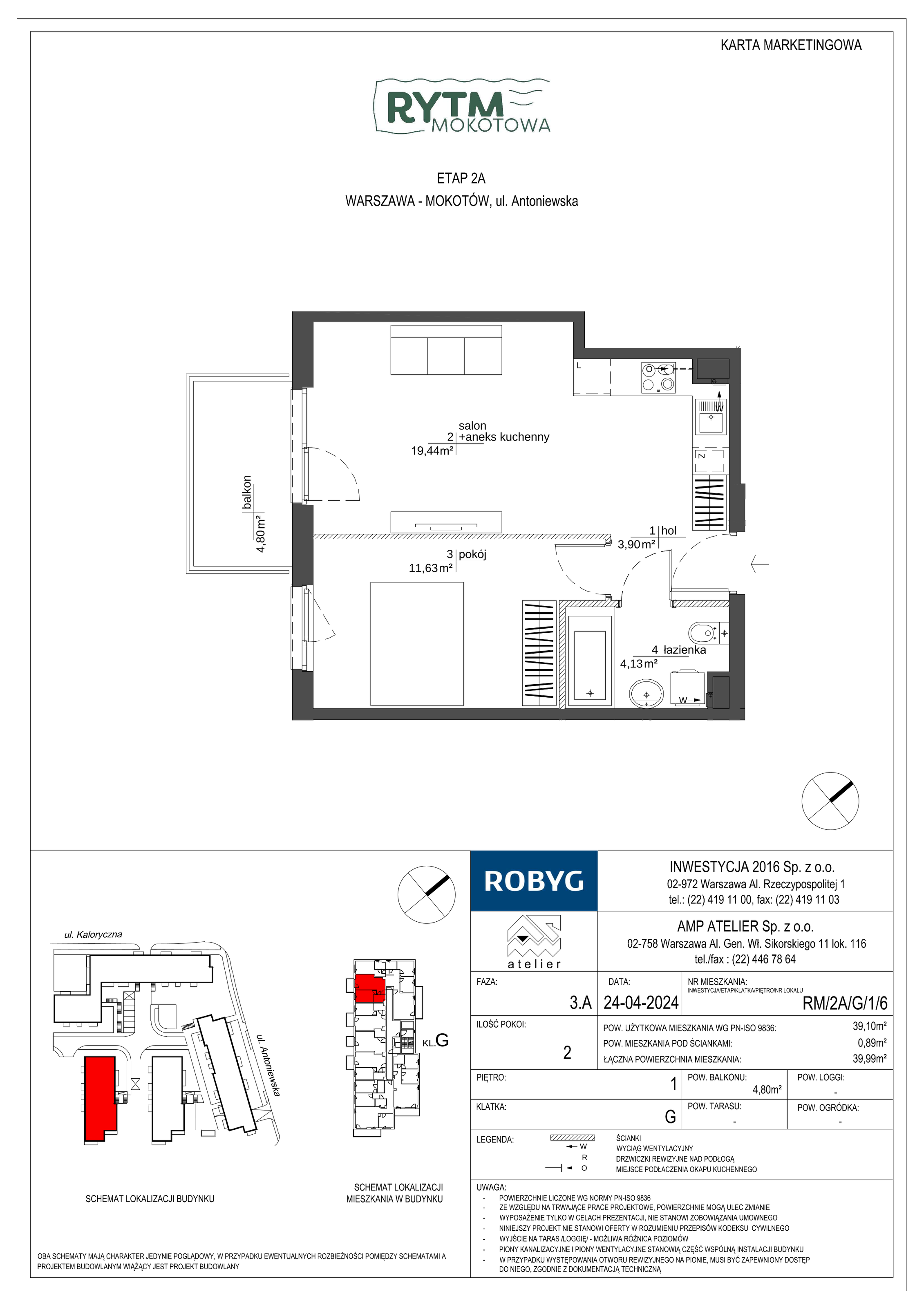 Mieszkanie 39,10 m², piętro 1, oferta nr RM/2A/G/1/6, Rytm Mokotowa, Warszawa, Mokotów, Augustówka, ul. Antoniewska / Piramowicza-idx