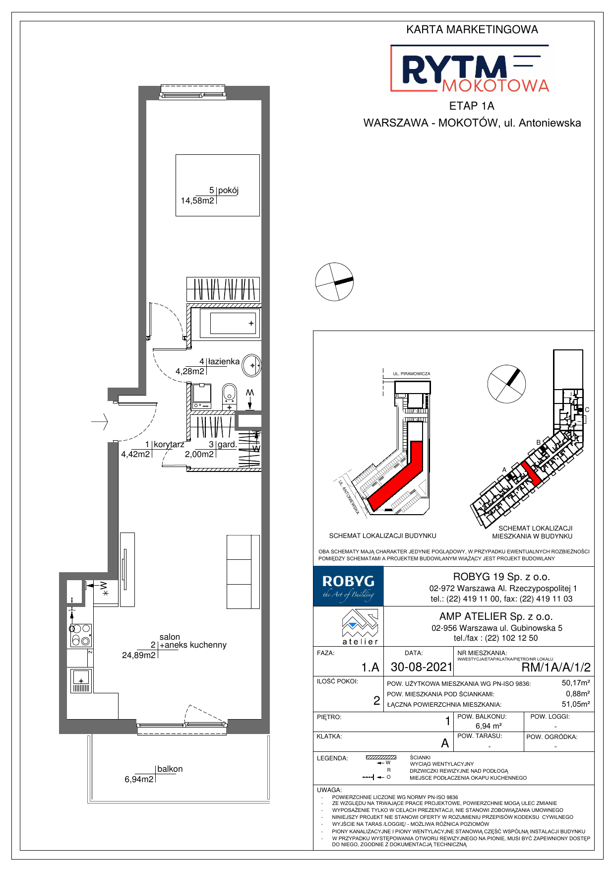 Mieszkanie 50,17 m², piętro 1, oferta nr RM/1A/A/1/2, Rytm Mokotowa, Warszawa, Mokotów, Augustówka, ul. Antoniewska / Piramowicza-idx