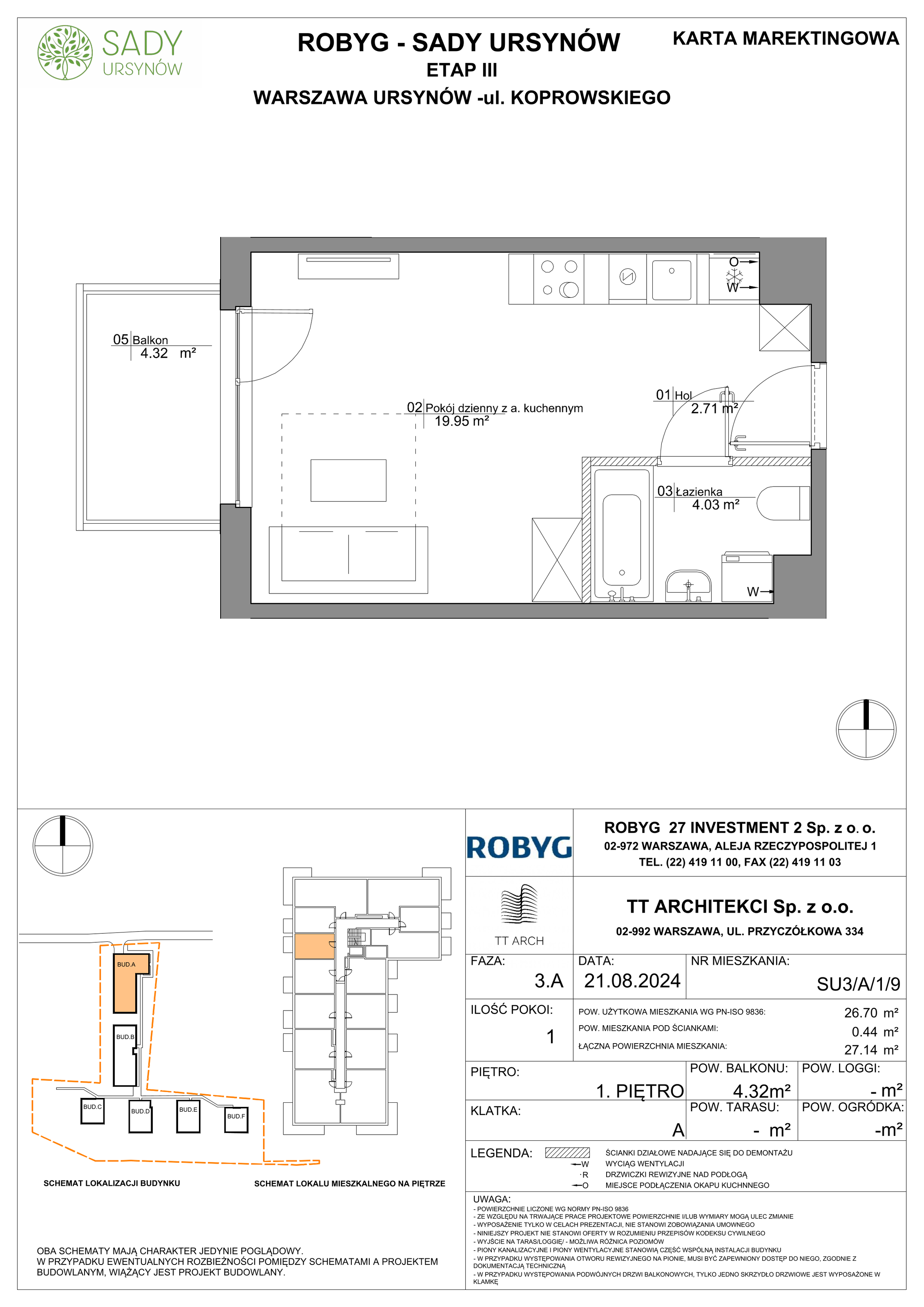 Mieszkanie 26,70 m², piętro 1, oferta nr SU3/A/1/9, Sady Ursynów, Warszawa, Ursynów, Wyczółki, ul. Koprowskiego-idx