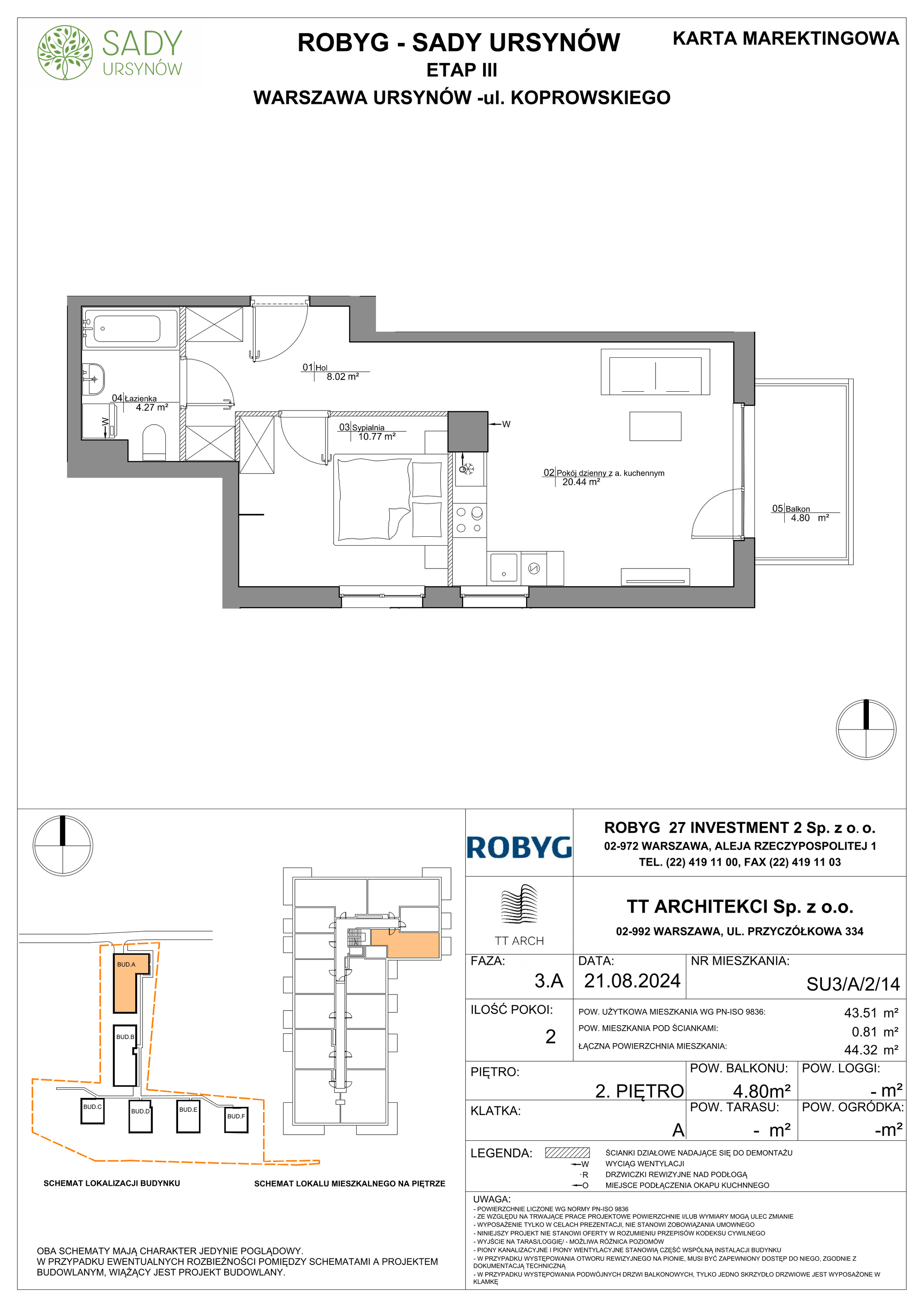 Mieszkanie 43,51 m², piętro 2, oferta nr SU3/A/2/14, Sady Ursynów, Warszawa, Ursynów, Wyczółki, ul. Koprowskiego-idx