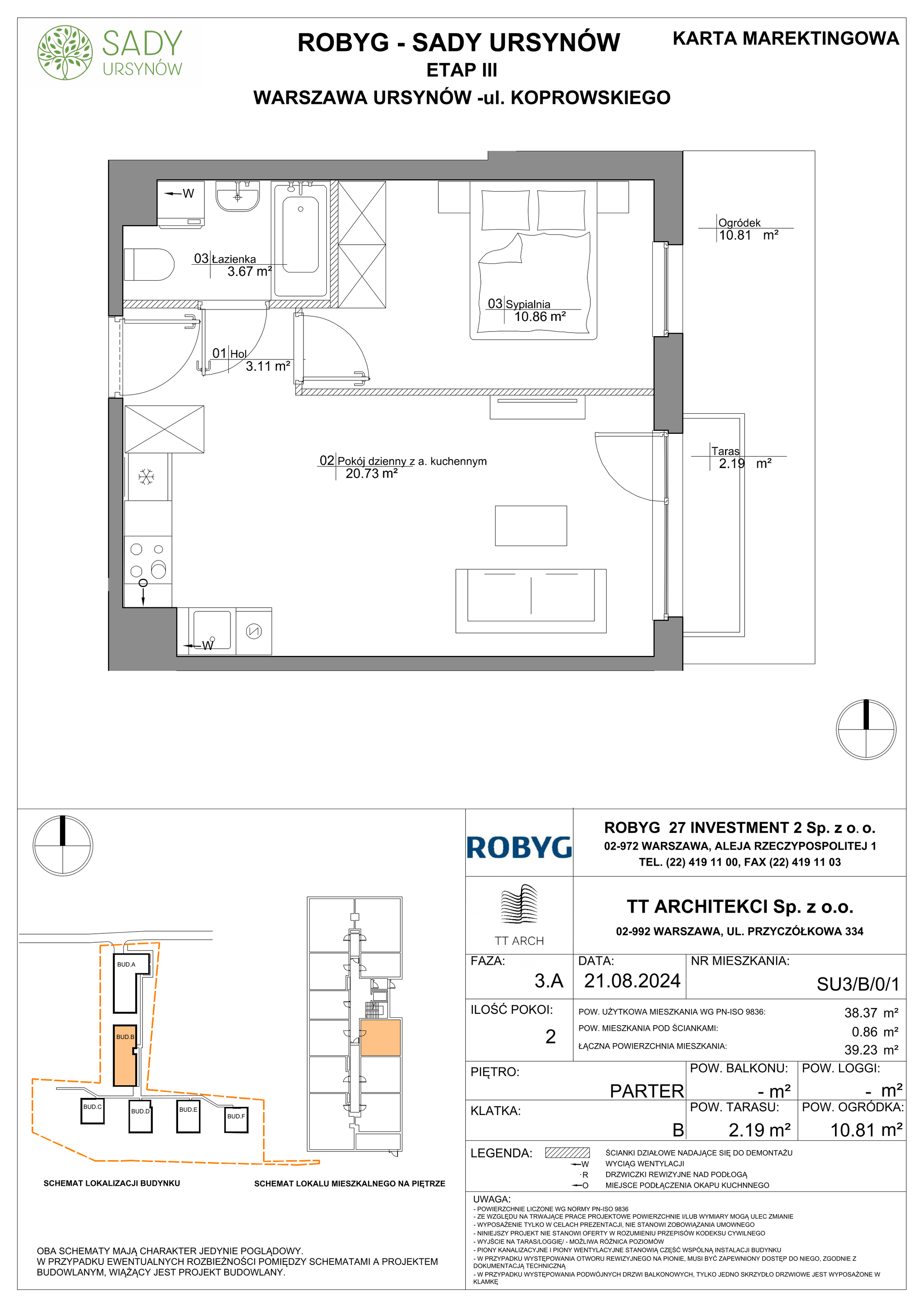 Mieszkanie 38,37 m², parter, oferta nr SU3/B/0/1, Sady Ursynów, Warszawa, Ursynów, Wyczółki, ul. Koprowskiego-idx