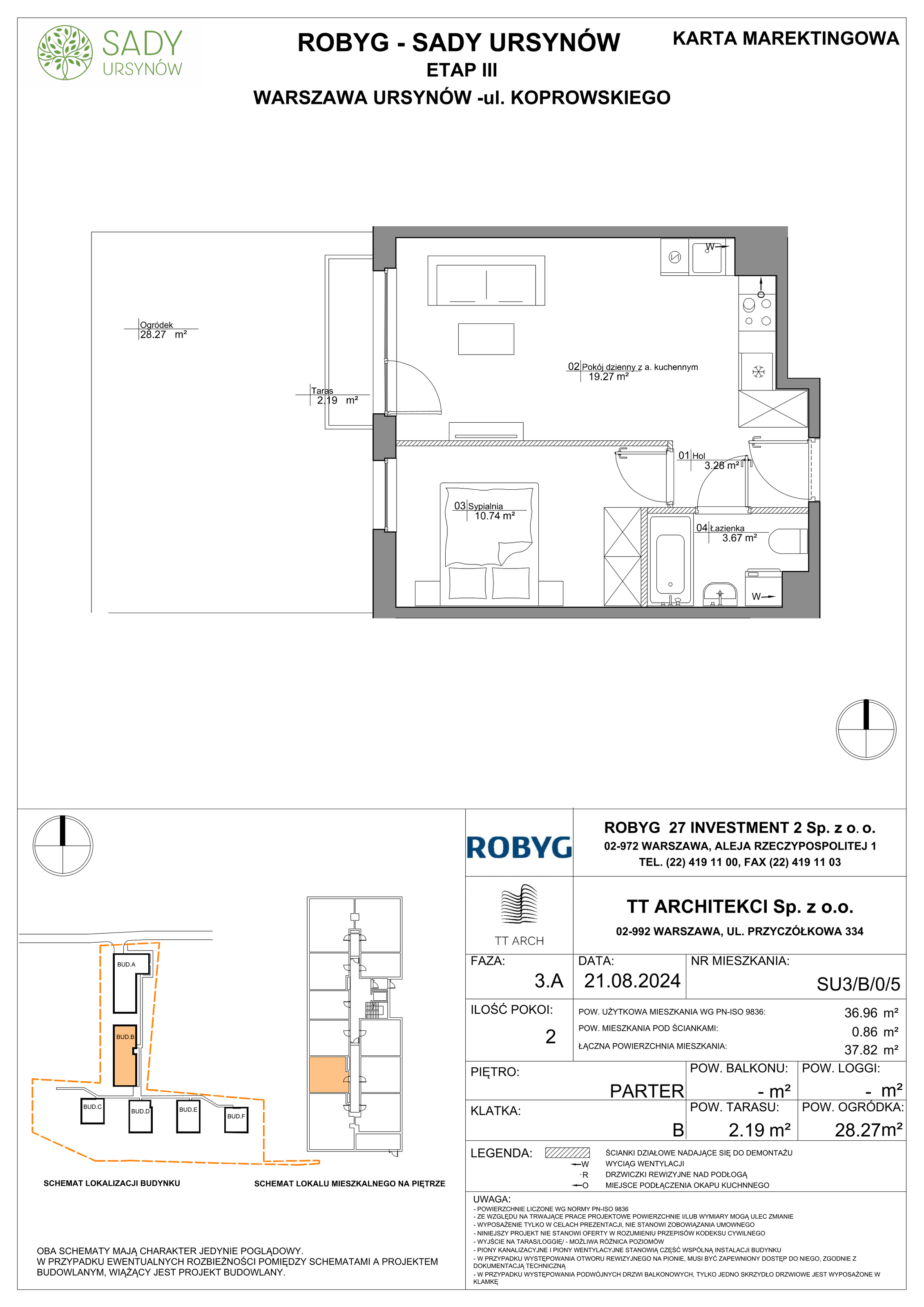 Mieszkanie 36,96 m², parter, oferta nr SU3/B/0/5, Sady Ursynów, Warszawa, Ursynów, Wyczółki, ul. Koprowskiego-idx