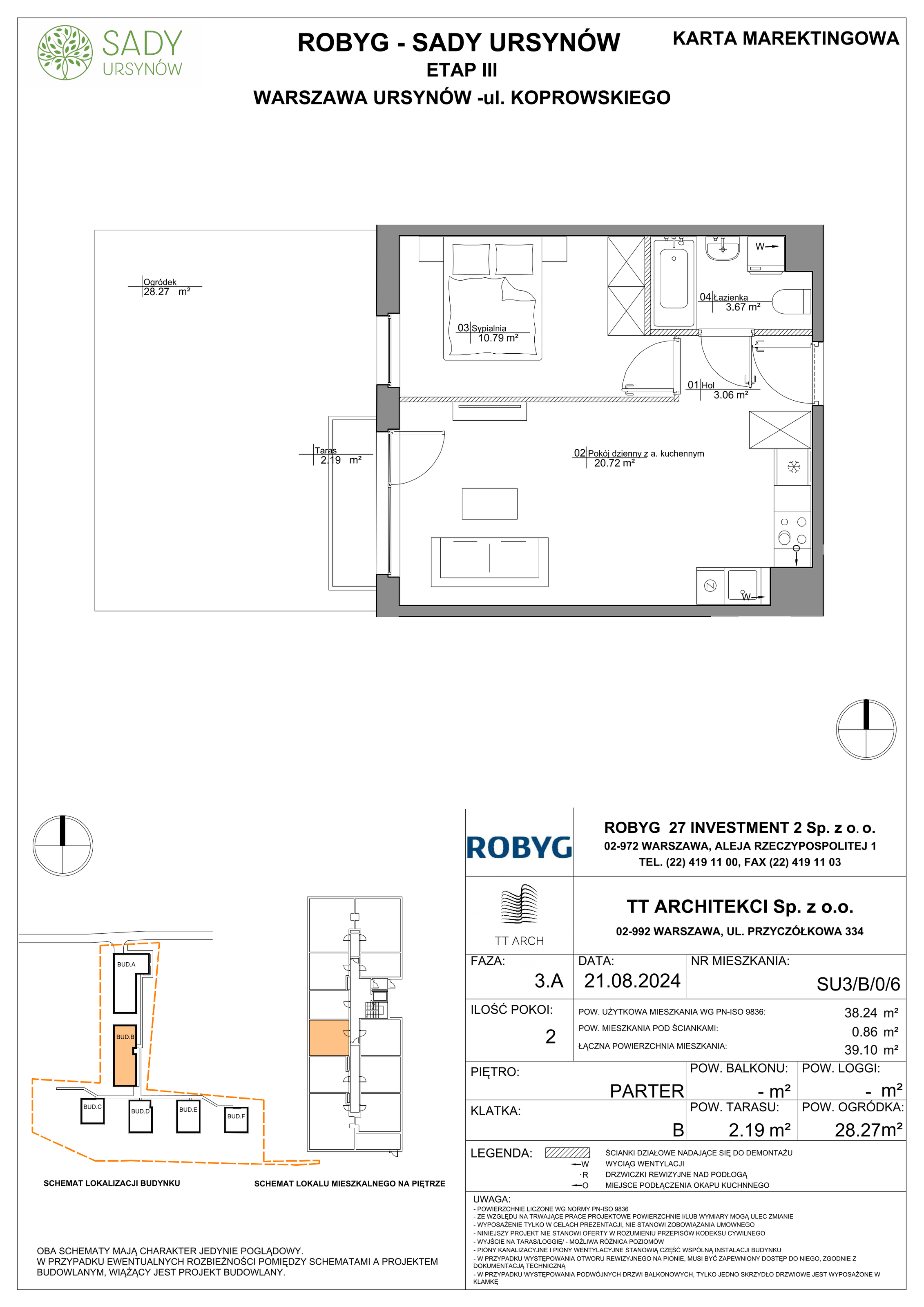 Mieszkanie 38,24 m², parter, oferta nr SU3/B/0/6, Sady Ursynów, Warszawa, Ursynów, Wyczółki, ul. Koprowskiego-idx