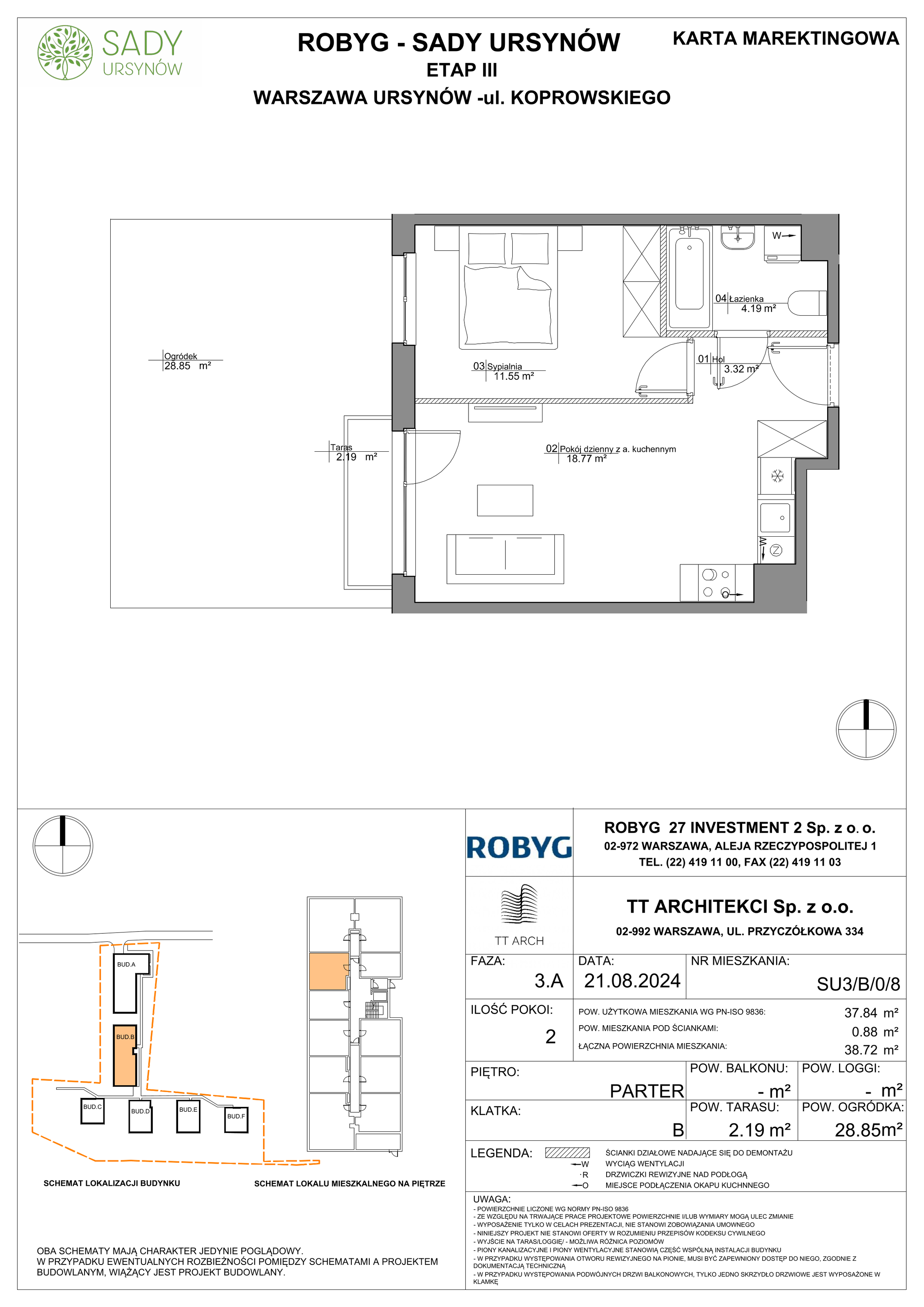 Mieszkanie 37,84 m², parter, oferta nr SU3/B/0/8, Sady Ursynów, Warszawa, Ursynów, Wyczółki, ul. Koprowskiego-idx