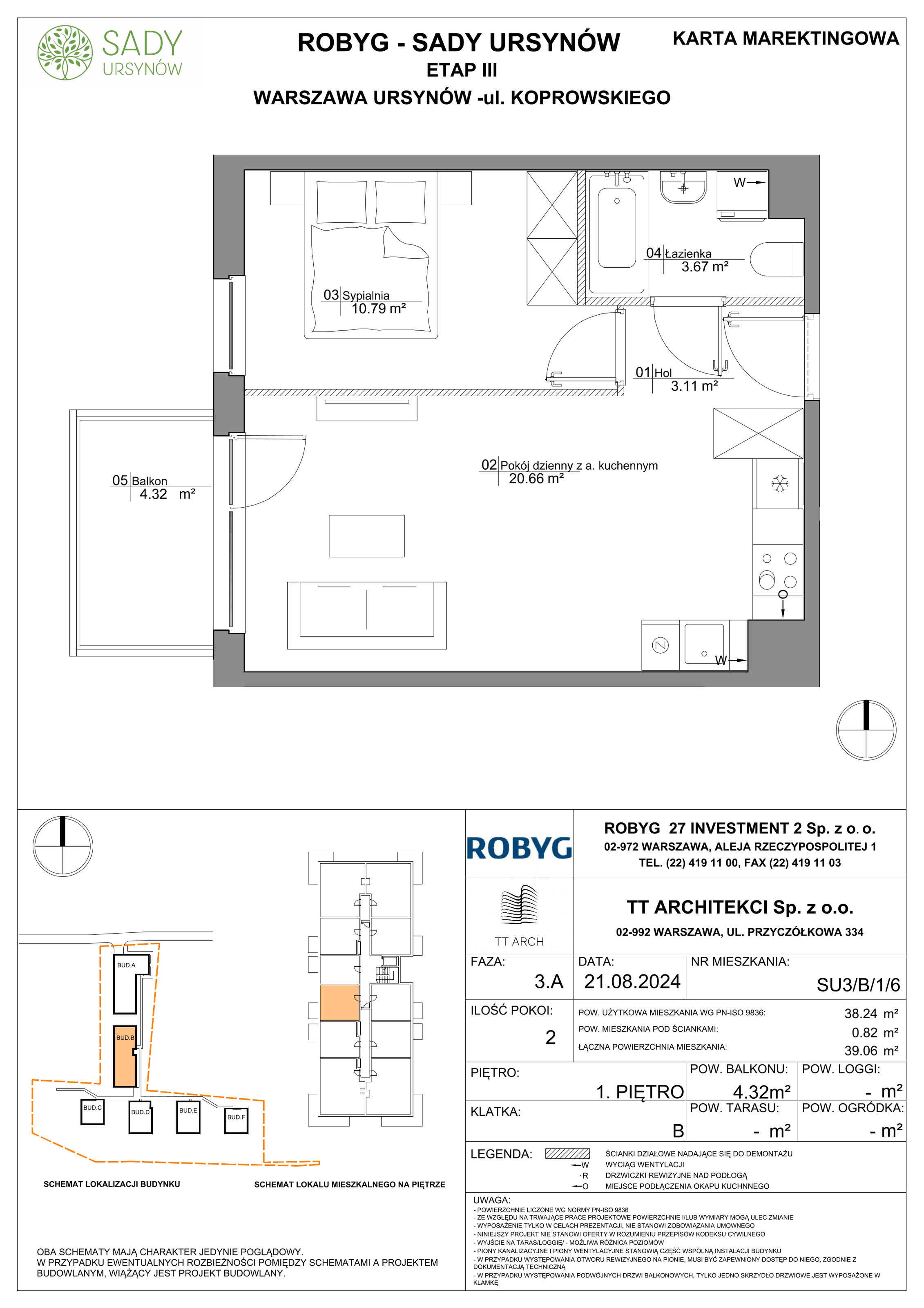 Mieszkanie 38,24 m², piętro 1, oferta nr SU3/B/1/6, Sady Ursynów, Warszawa, Ursynów, Wyczółki, ul. Koprowskiego-idx