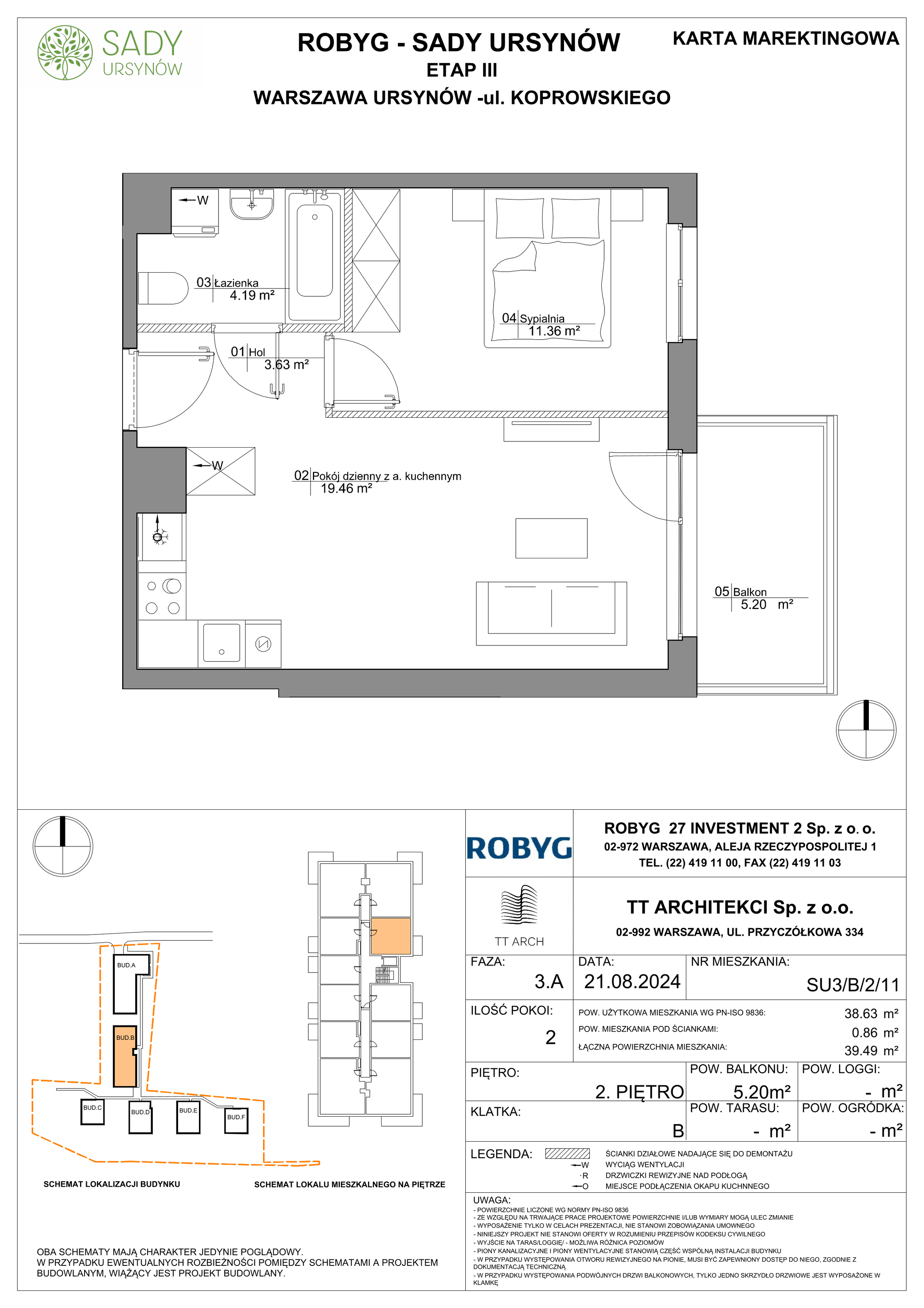 Mieszkanie 38,63 m², piętro 2, oferta nr SU3/B/2/11, Sady Ursynów, Warszawa, Ursynów, Wyczółki, ul. Koprowskiego-idx