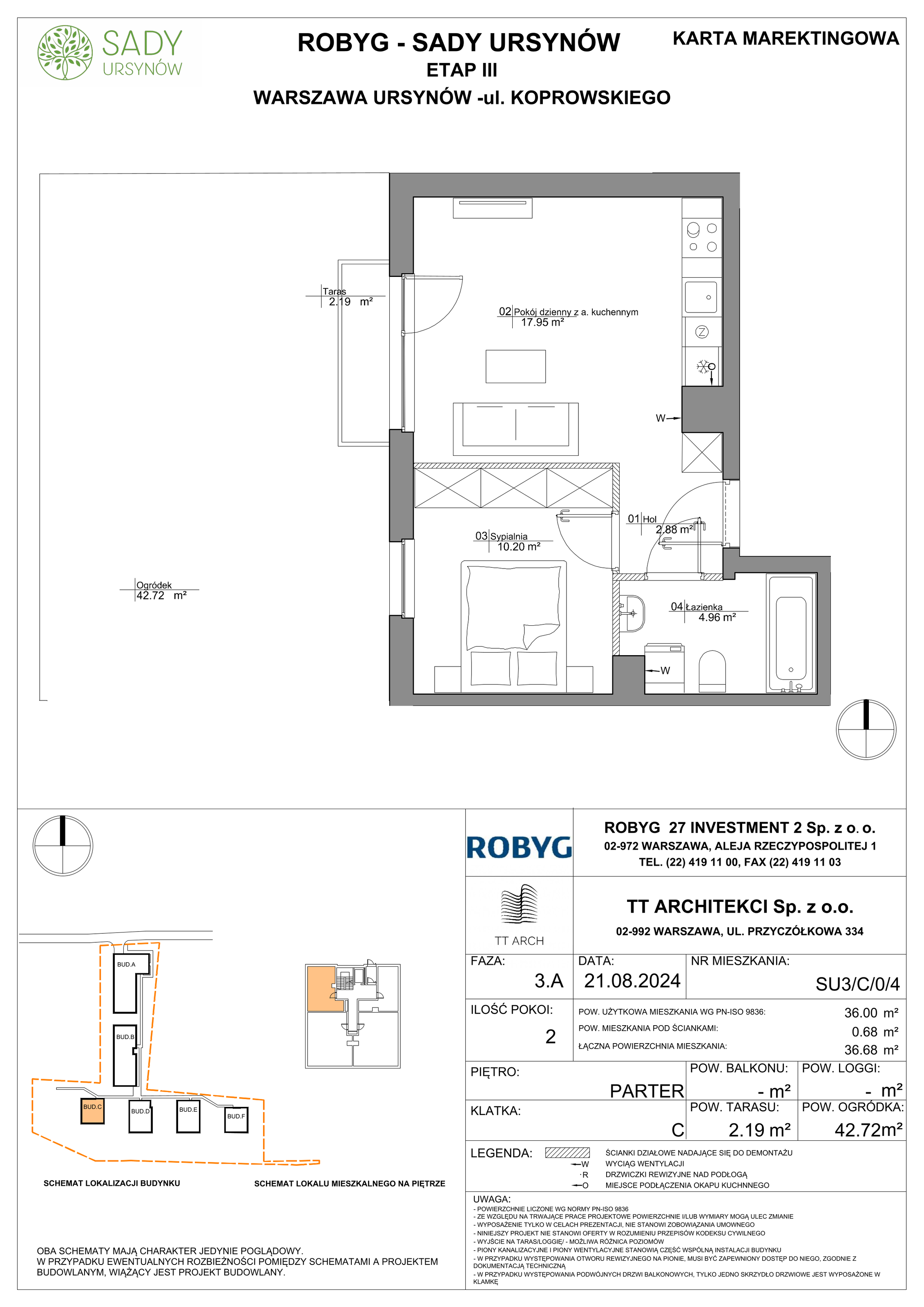 Mieszkanie 36,00 m², parter, oferta nr SU3/C/0/4, Sady Ursynów, Warszawa, Ursynów, Wyczółki, ul. Koprowskiego-idx