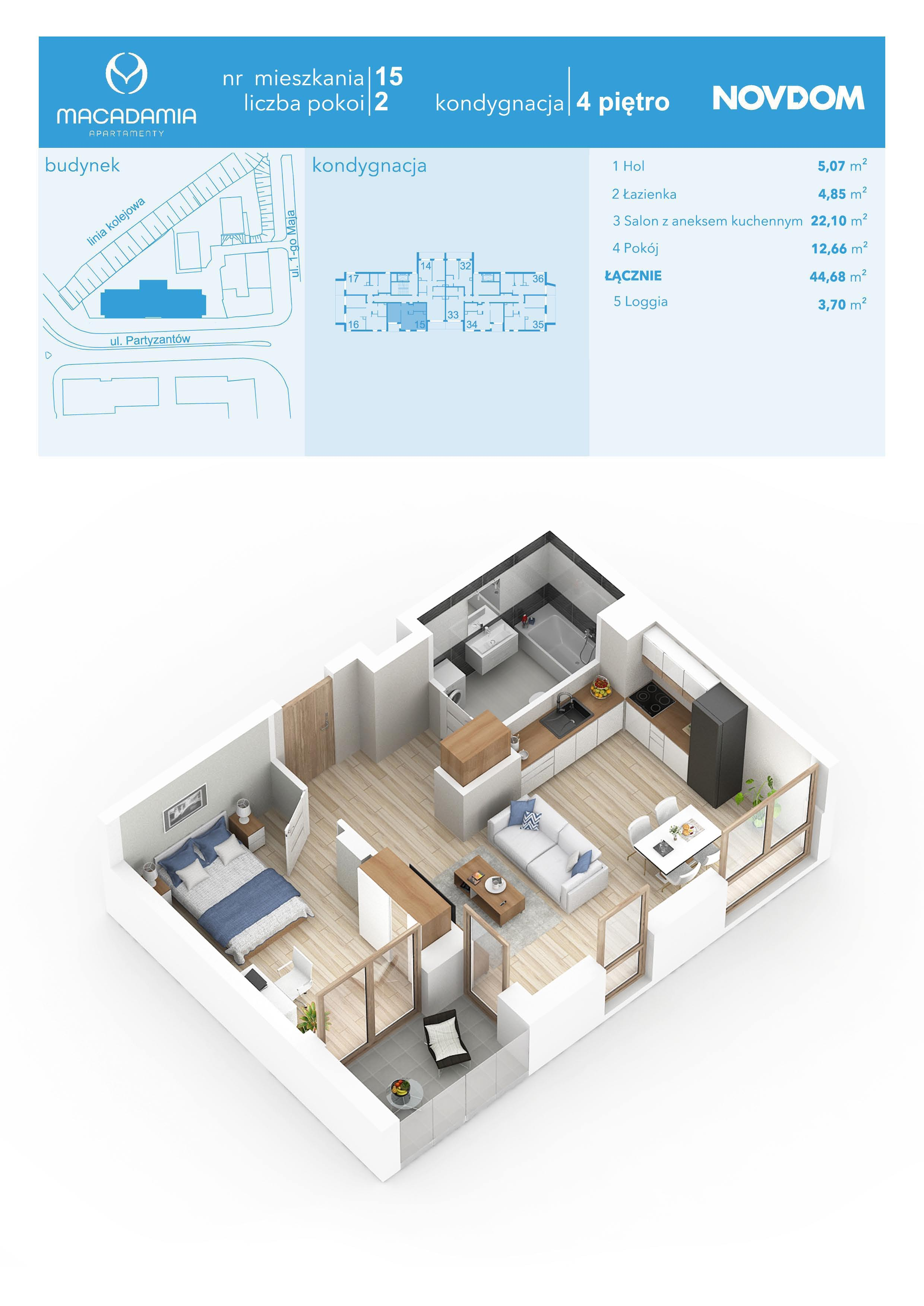 Apartament 44,68 m², piętro 4, oferta nr 1/15, Apartamenty Macadamia, Olsztyn, Śródmieście, ul. 1 Maja-idx