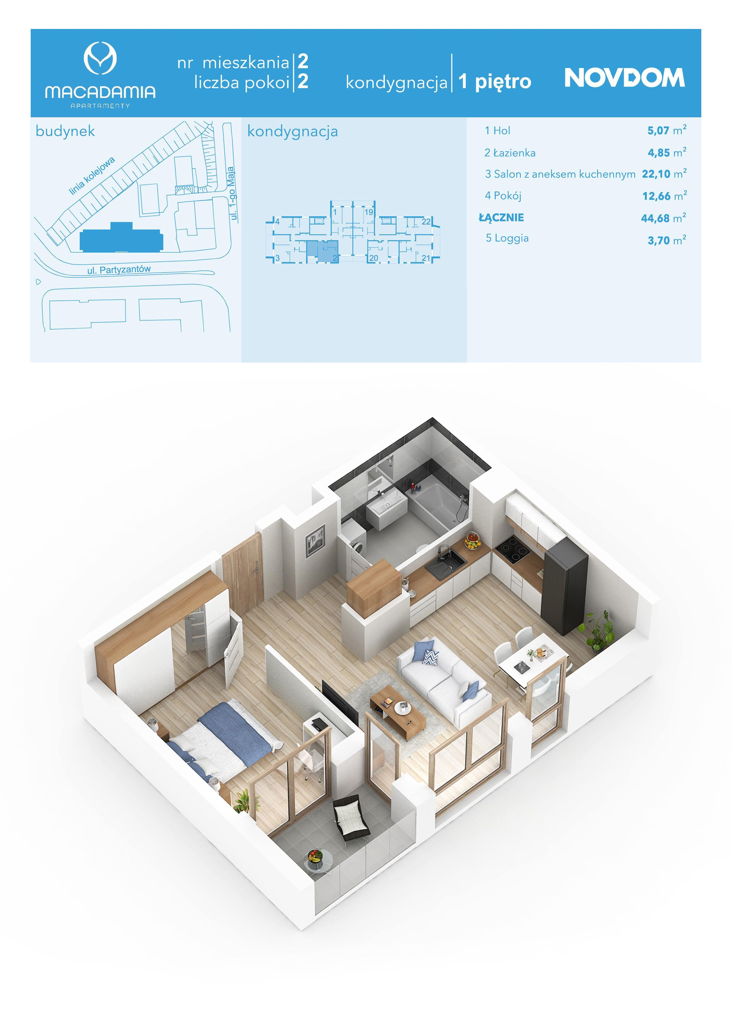 Apartament 44,68 m², piętro 1, oferta nr 1/2, Apartamenty Macadamia, Olsztyn, Śródmieście, ul. 1 Maja-idx