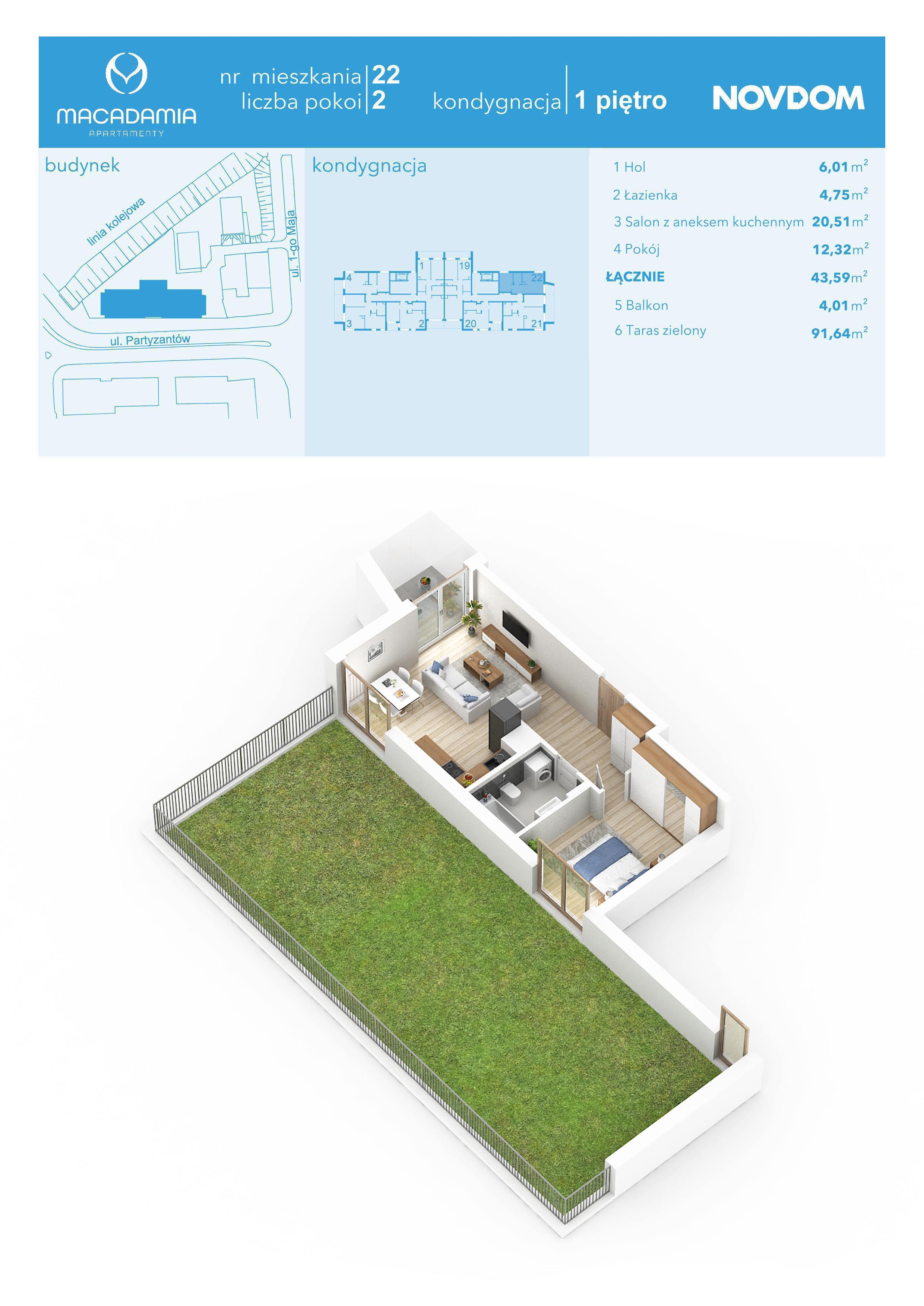 Apartament 43,65 m², piętro 1, oferta nr 1/22, Apartamenty Macadamia, Olsztyn, Śródmieście, ul. 1 Maja-idx